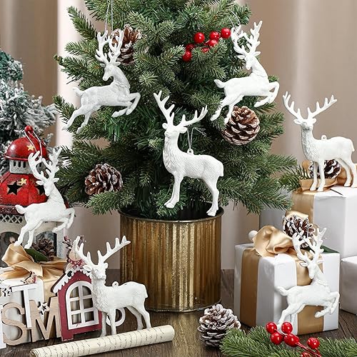 Miniatura 4 de Geetery 12 adornos navideños de renos para árbol, decoración colgante de ciervos con purpurina blanca, decoración rústica de renos para fiestas,