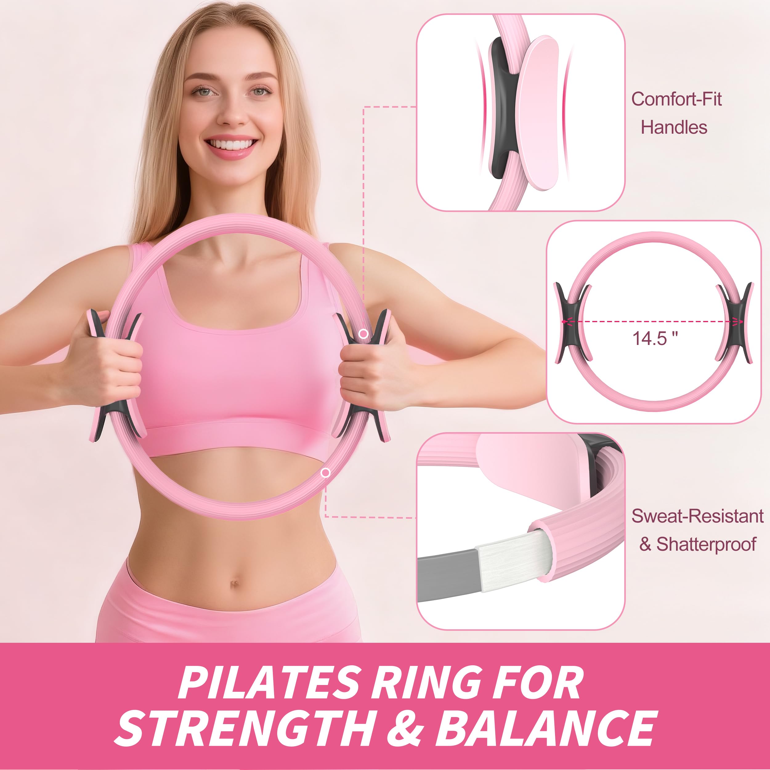 NANATI Pilates Kit, Home Pilates Workout Kit for Women, Pilates Equipment with 14.5" Pilates Ring and Ball, Resistance Bands, Ankle Weights, Sliders & Grip Socks Accessories for Starter Home Workouts: Mocha