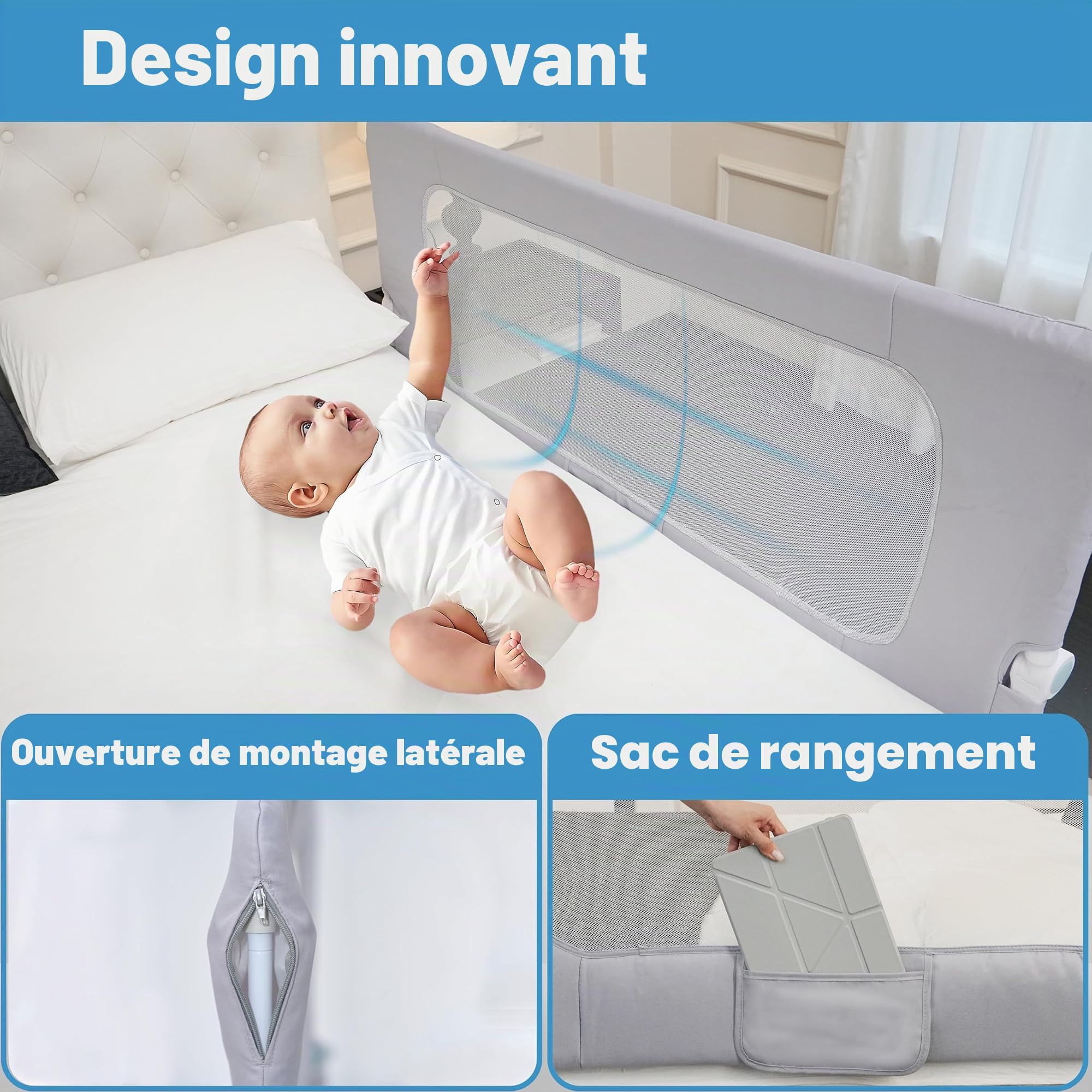 Barrière de lit pliable pour tout-petits, 32in / 85 cm de hauteur, réglable en hauteur, pour enfants, ajustement universel, pour lits jumeaux/double/très grand lit/grand lit.