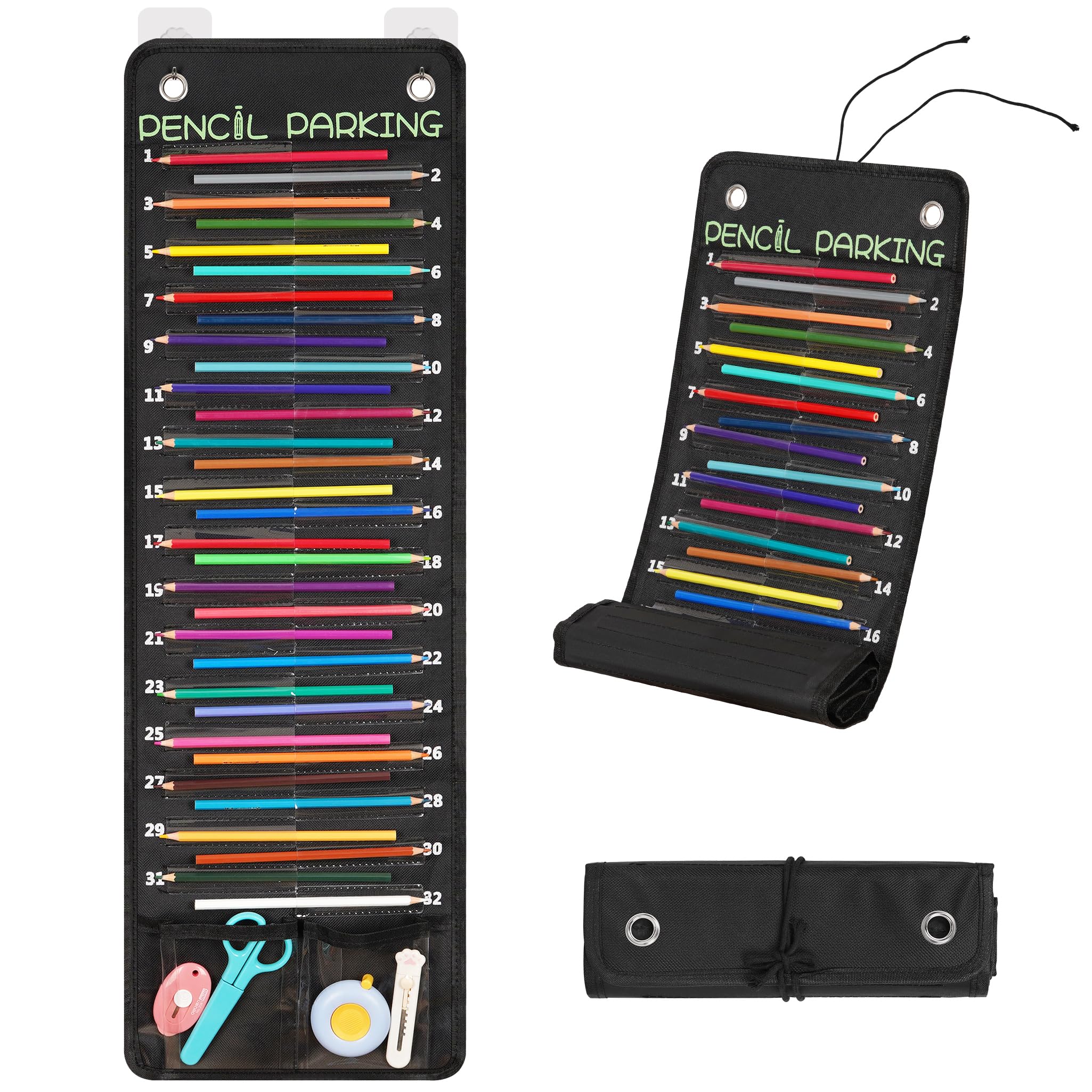 32-Pocket Pencil Parking for Classroom, Hanging Pencil Holder Wall Organizer, Numbered Portable Pencil Parking Pocket Chart for Classroom Organization