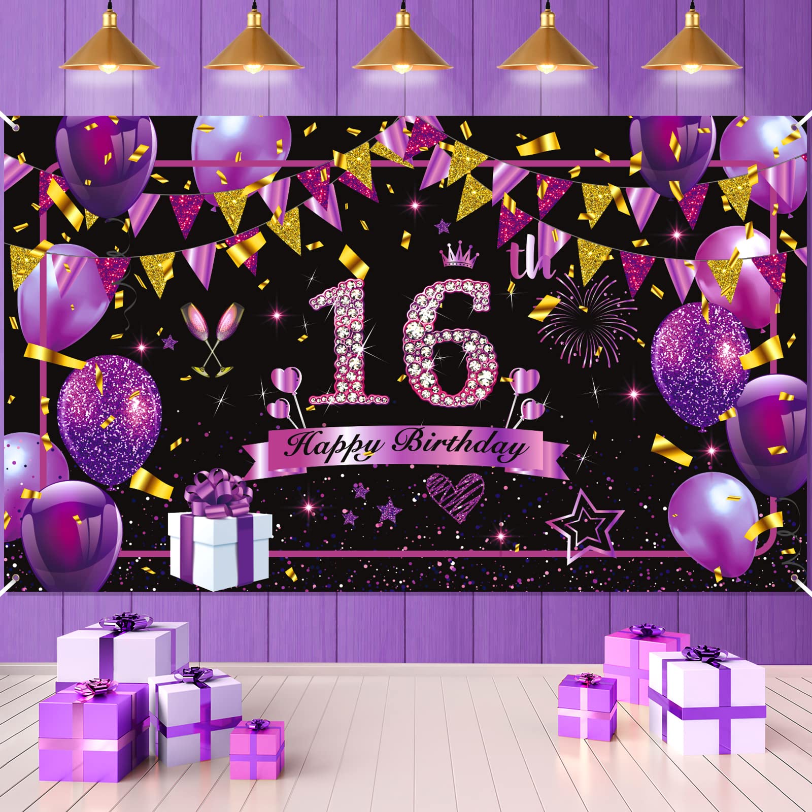 Purple & Black Gold Happy Birthday 16th Sign and Backdrop - Large Shiny Purple & Black for Girls 16th Anniversary Party Supplies