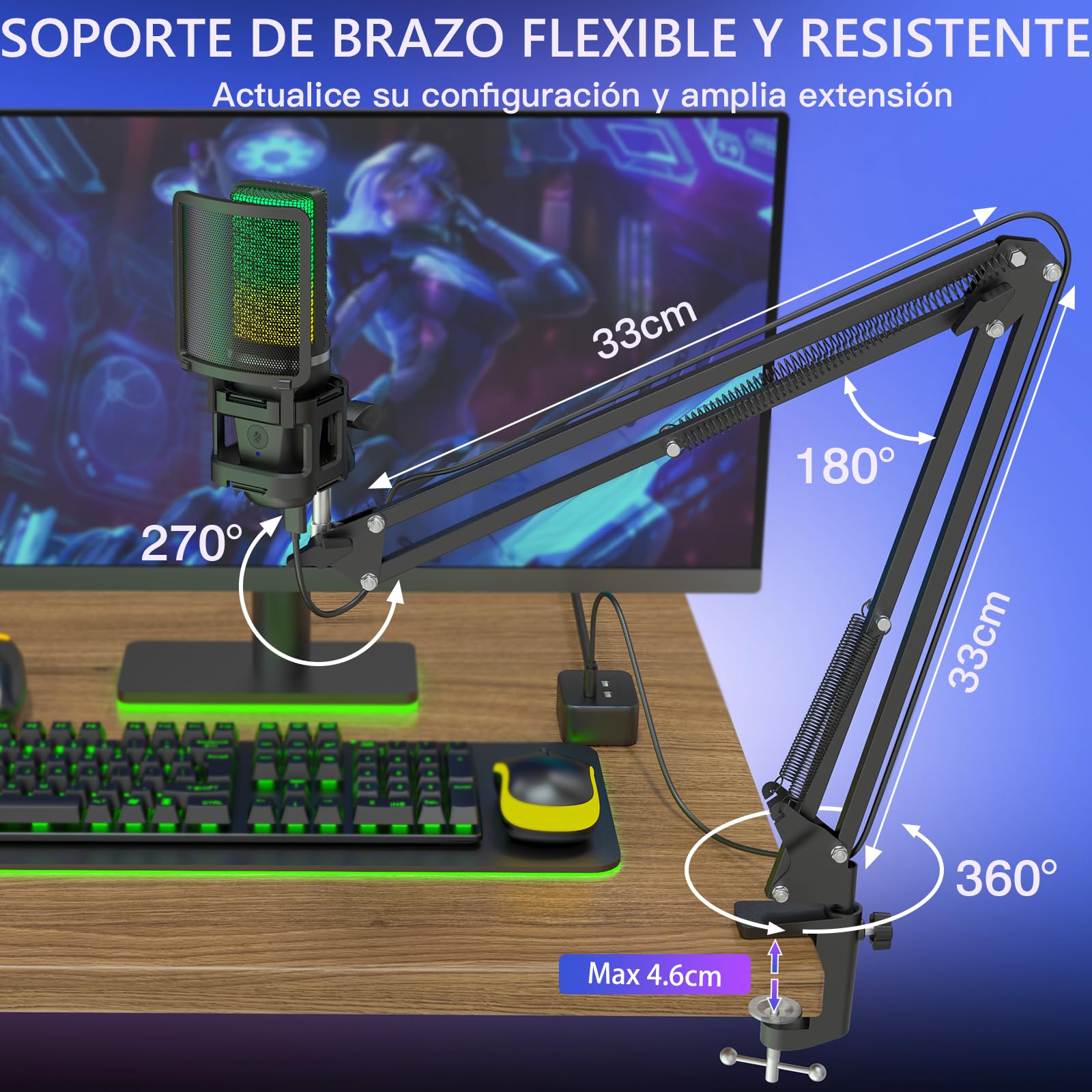zealsound Gaming micrófonos USB, micrófono Condensador RGB, micrófono PC, Soporte con Brazo, cardioide, Silencio, Youtube/Zoom, transmisión en Vivo, en línea, Android/Windows/macOS/para PS 4&5