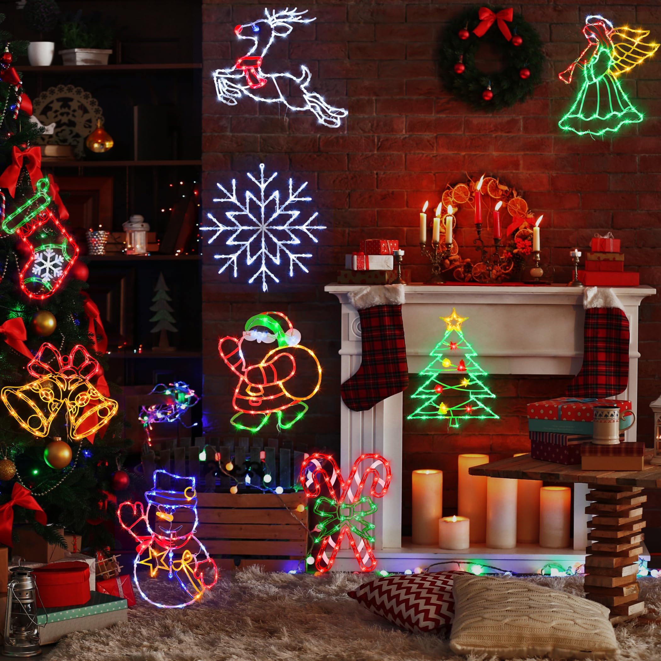 TRWYMZ Lot de 4 Décorations Lumineuses de Noël pour Fenêtre avec Prise EU | Décorations LED de Noël (flocon de neige, bonhomme de neige, cloche, chaussette de Noël) pour int&ext,murs,portes&fenêtres