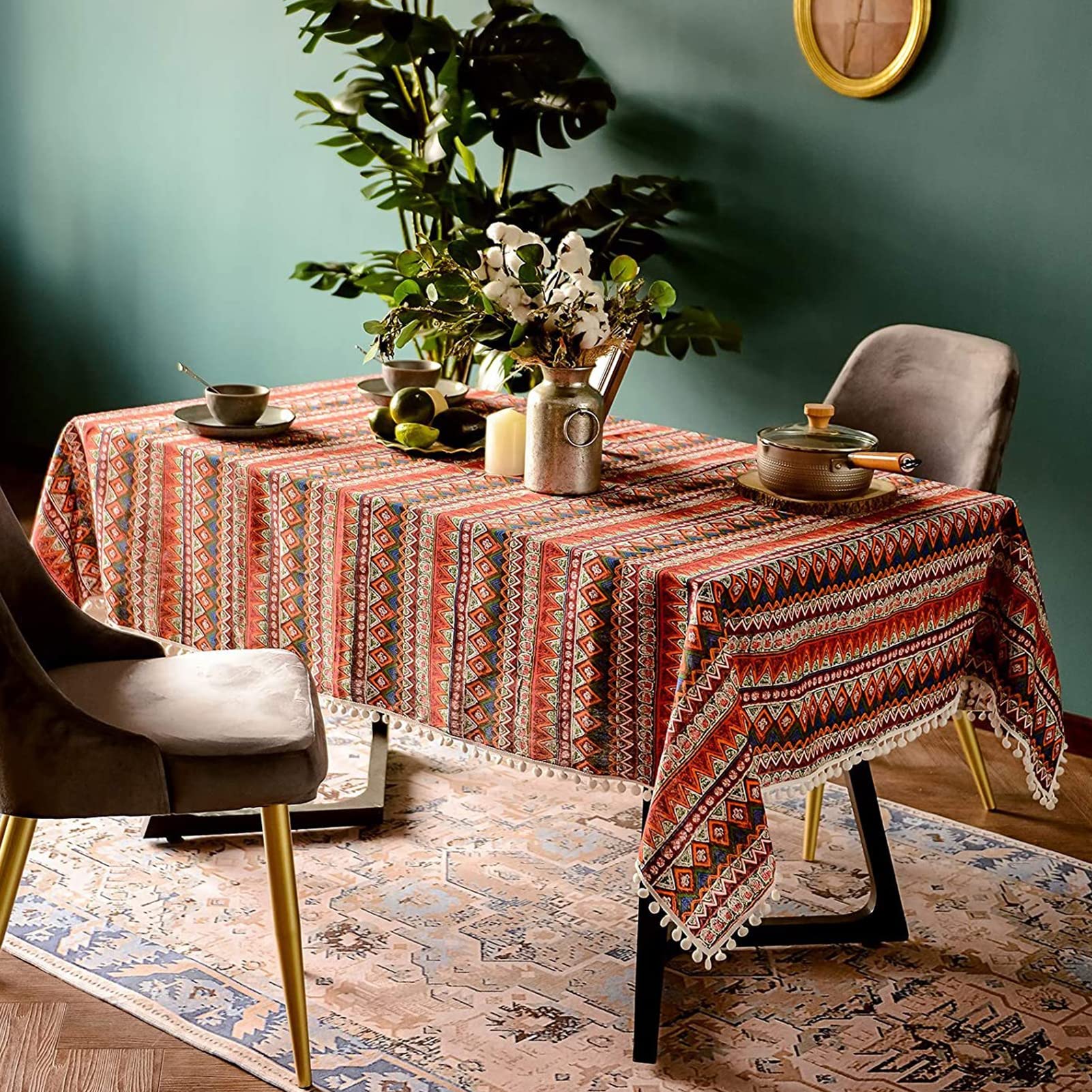 Table Cloth, Rectangular Cotton and Linen Tablecloth, 140 * 180 cm Bohemian Pom Tassel Tablecloth, Suitable for Kitchen Restaurant Outdoor Dinner, Red