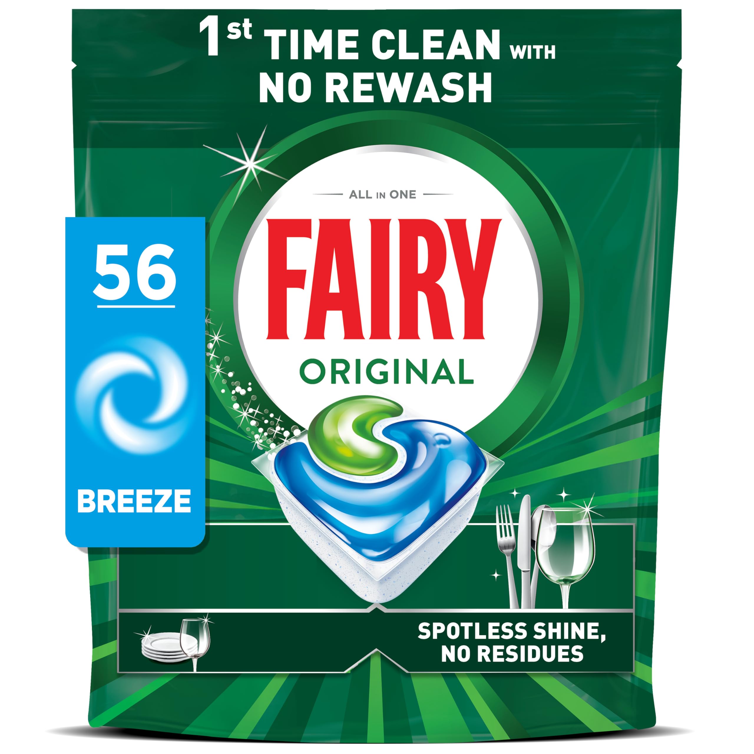 Fairy Original Power Dishwasher Tablets Breeze, 56 Capsules, 1st Time Cleaning Action with No Rewash, Effective on 100% Grease, Spotless Shine Without Residues