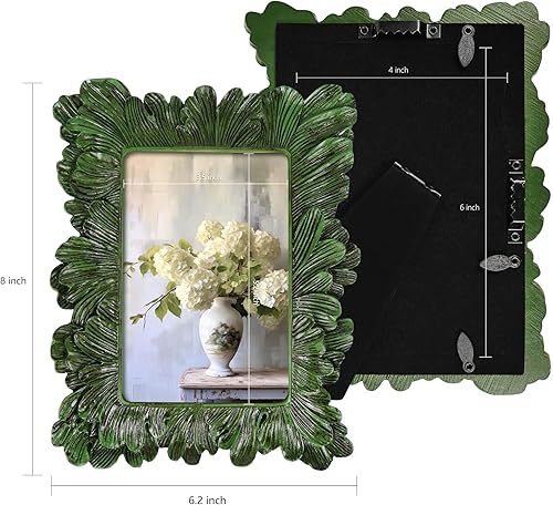 Vista 3 de Marcos de fotos vintage de 4 x 6, marcos de fotos antiguos verdes de 4 x 6 para pared de galería y mesa, estilo pintado a mano con diseño floral