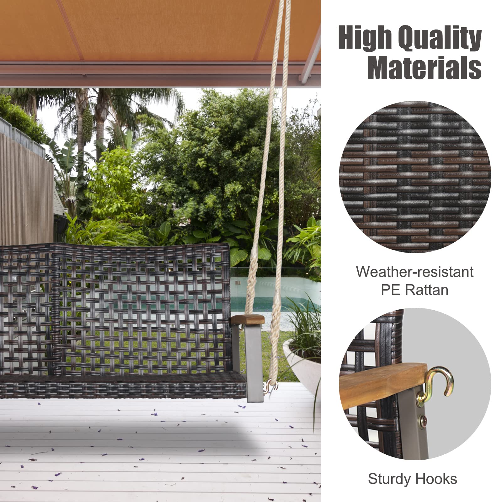 GIANTEX Altalena in vimini per 2 persone in rattan PE con schienale curvo per esterni, corde resistenti, capacità di carico di 360 kg, per terrazza, patio, giardino, balcone