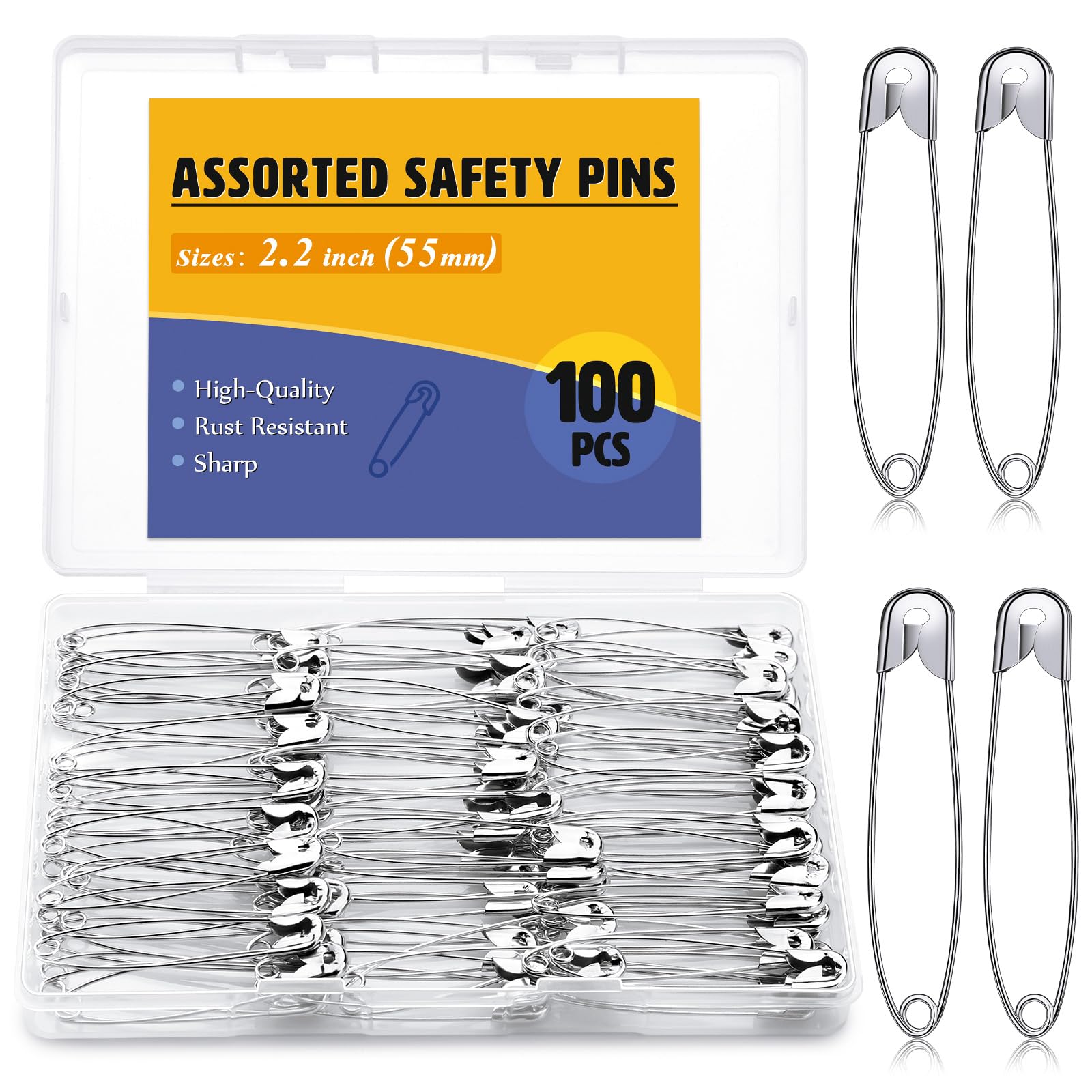 ENCHOL 100 Pcs Safety Pins, 2.2inch (55mm) Large Safety Pins for Clothes, Safety Pin Heavy Duty for Arts, Crafts, DIY Jewellery and Sewing