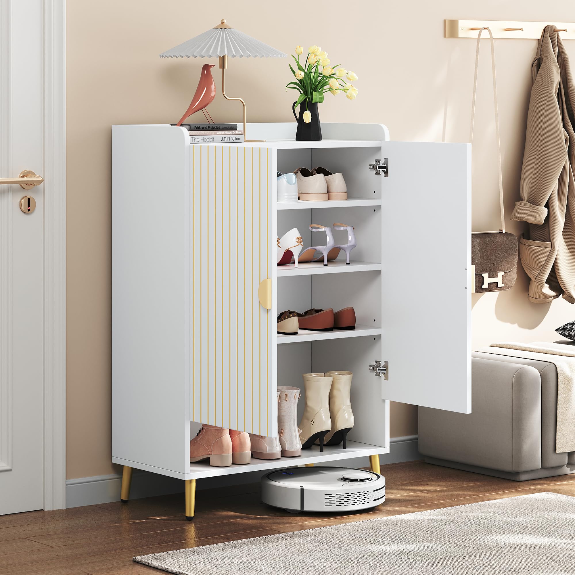 Moderner Paar-Tür-Schuhschrank, MDF, 3-stufiger, weiß, offene untere Schublade, Foyer-Schrank-Speicher-Organisator, 75 * 35 * 110cm, Tragfähigkeit 20KG