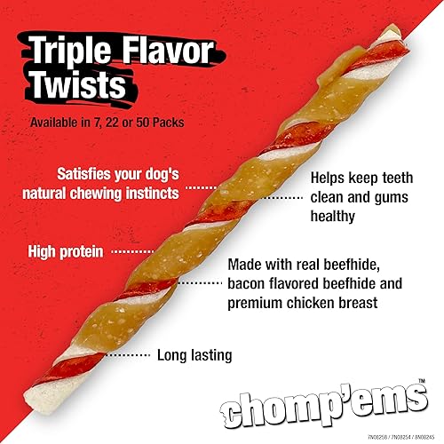 Miniatura 4 de CHOMP 'EMS Palitos giratorios de cuero crudo de triple sabor Masticables para perros de piel de res, 50 unidades