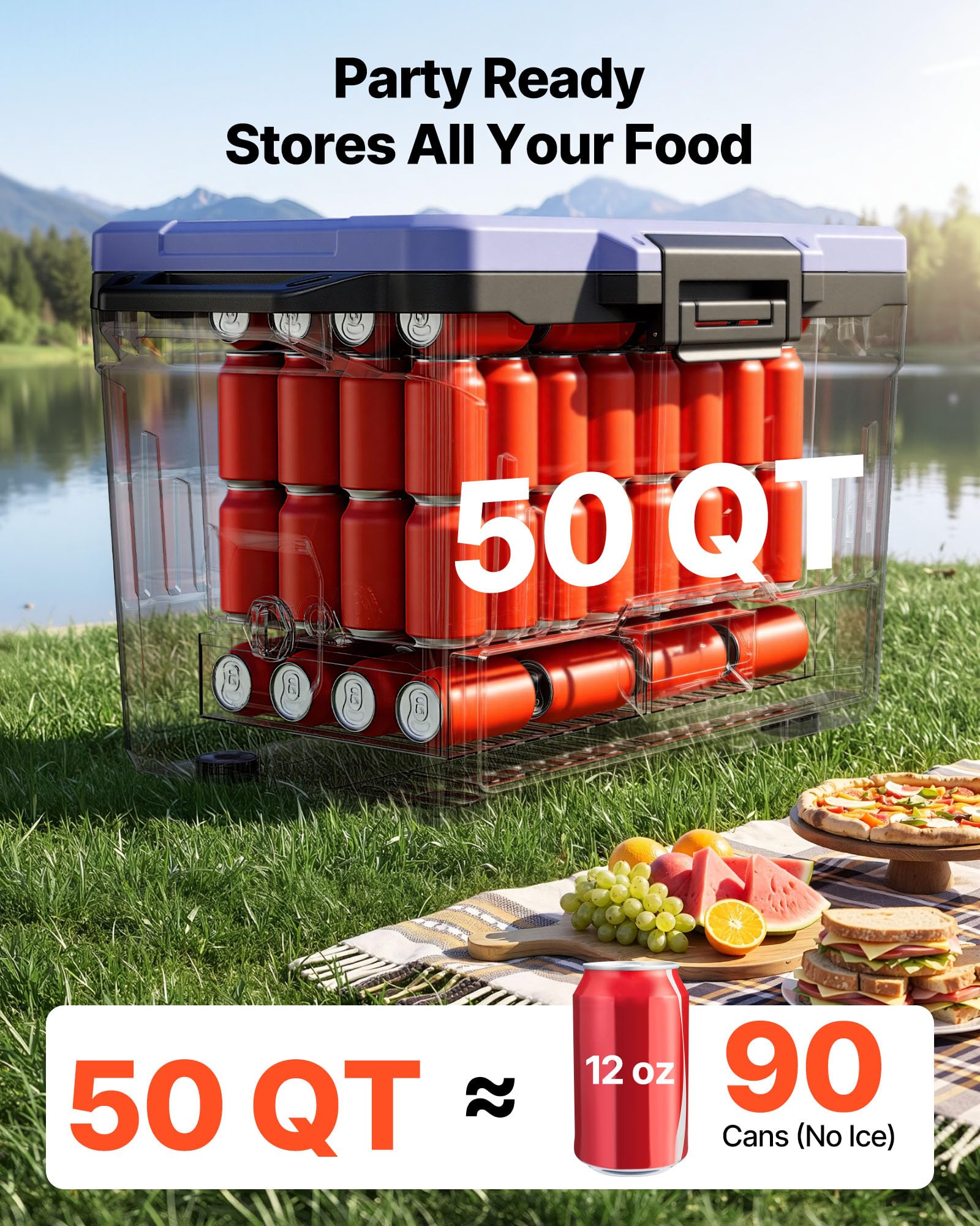 VEVOR 47,32 L Passive Kühlbox Tragbare Isolierbox für Camping Outdoor Sport, Auslaufsicher, Hält 48 Stunden Kühl, Isolierte Kühlbox mit Eisbereich, Stabilem Griff und Getrennten Trocken- und Nasszonen
