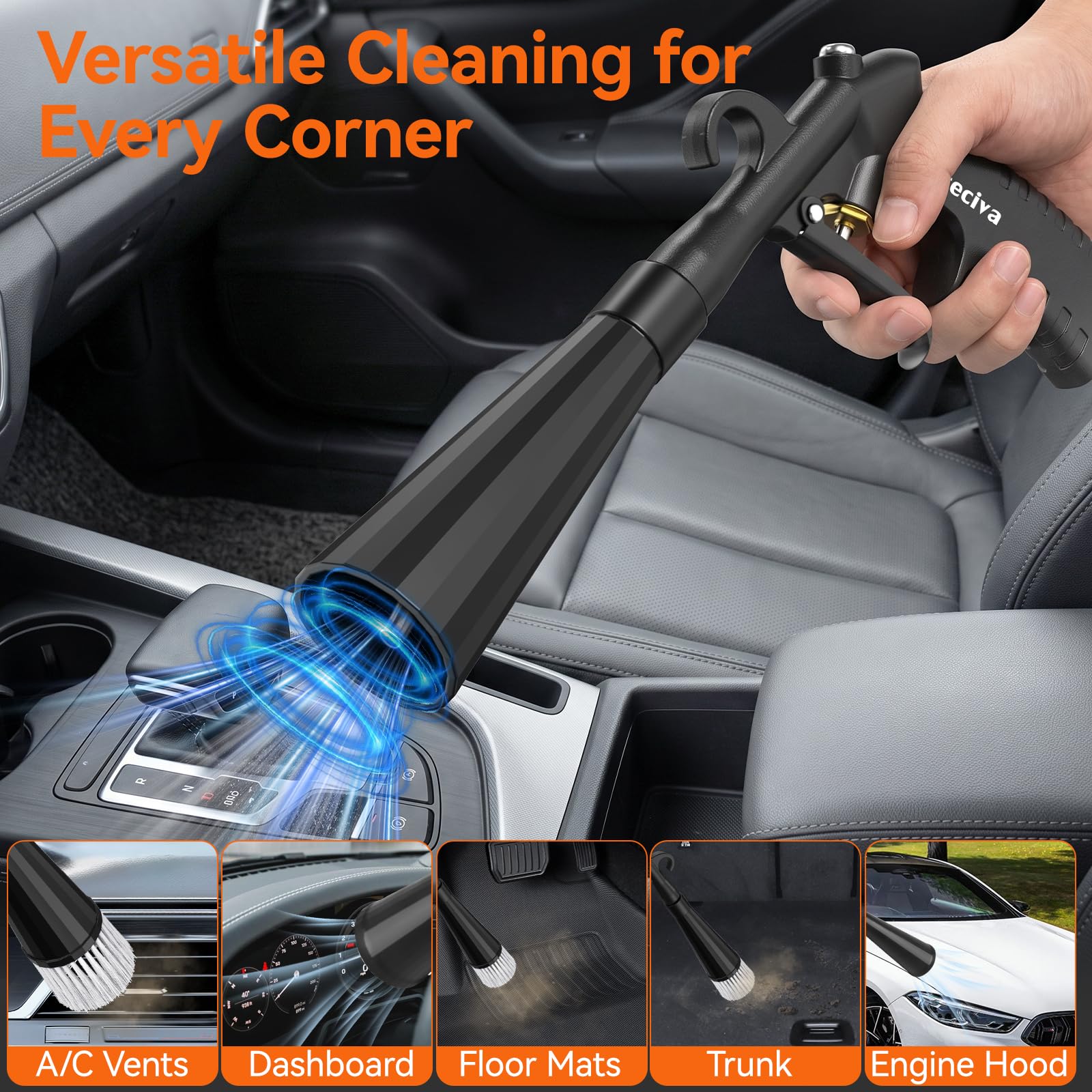 Preciva Tornano Dépoussiéreur à air dépoli haute pression pour intérieur de voiture – Pistolet de nettoyage pneumatique pour sièges