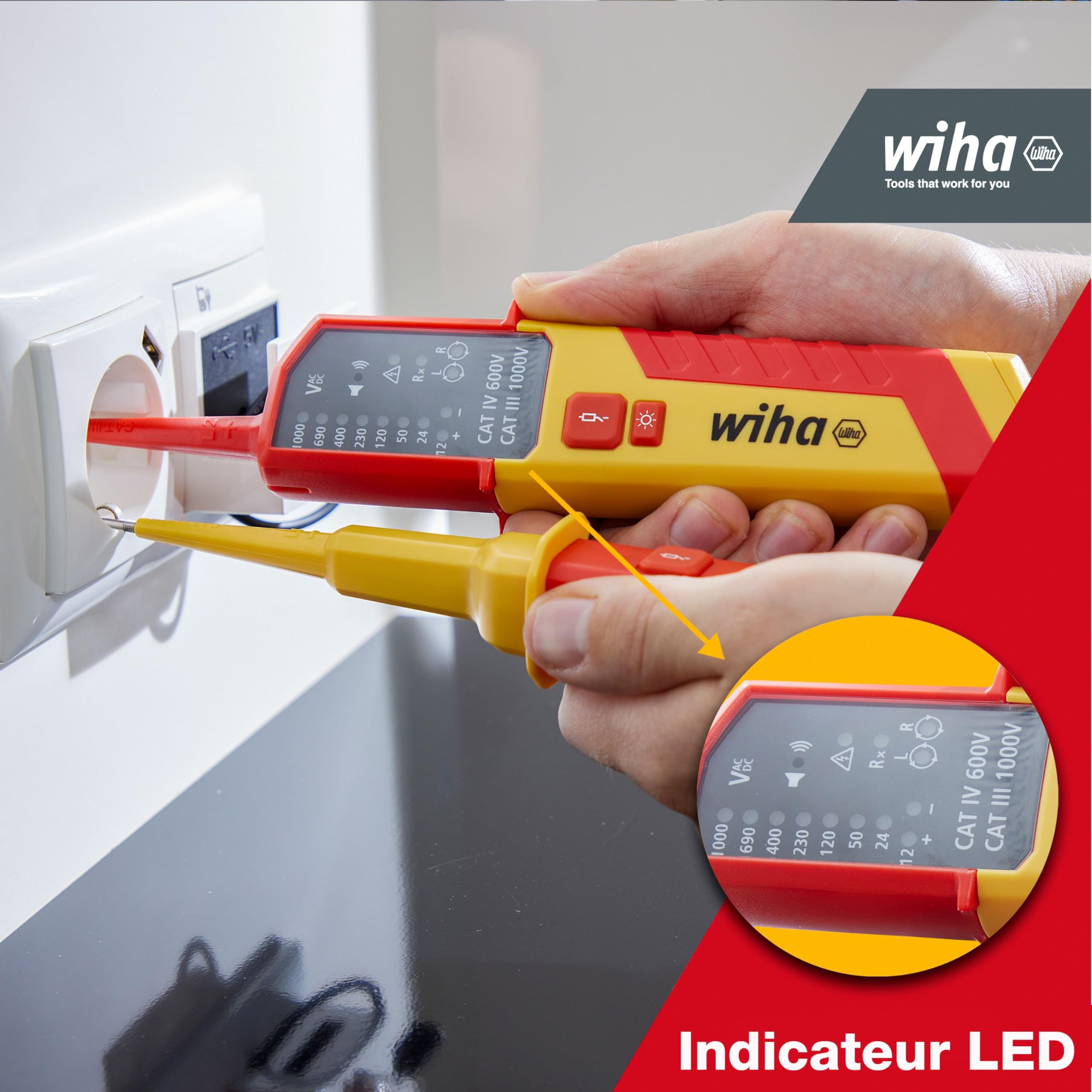 Wiha Testeur de tension et de continuité 12-1000 V Courant Alternatif CAT IV avec piles AAA affichage LED
