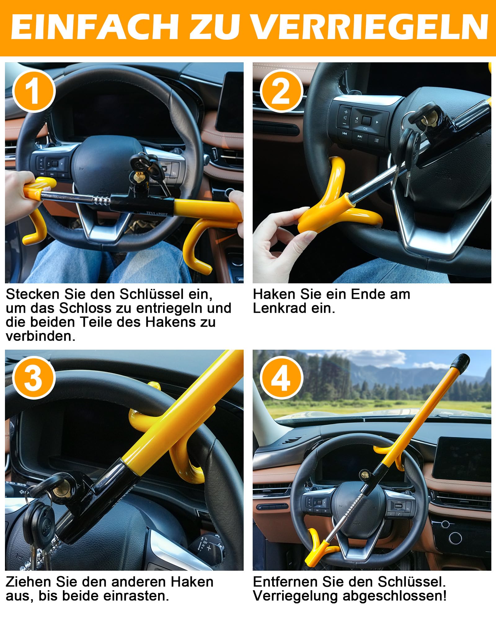 Tevlaphee 4-Haken Lenkradkralle, Schweres Lenkradschloss, Universelle Diebstahlsicherung für Autos, Transporter, SUVs, bis 41,5 cm, 3 Schlüssel (Gelb)