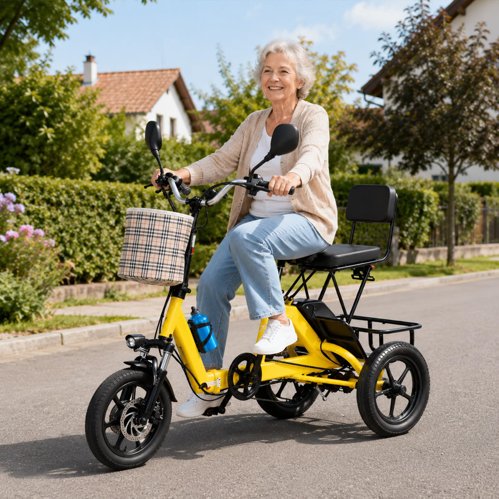 ErShangMao Electric Tricycle Bike For Adults,Foldable Electric Trike Bike W/ 200kg Capacity, 3-Wheel Tricycle With Seat & Basket, 20km/H,40km Range,Led Light & Horn,For Elderly And Adults Yellow