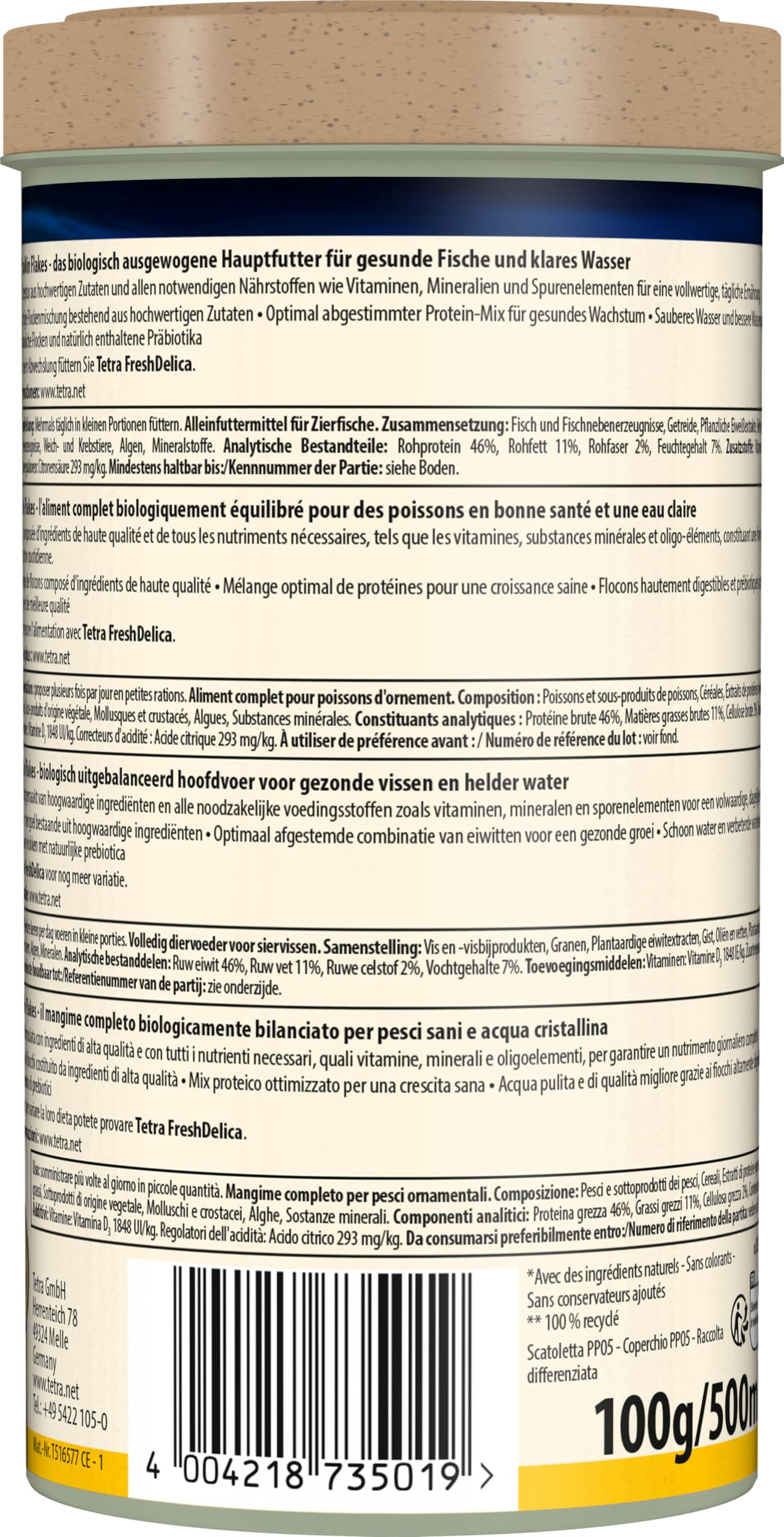 TetraMin Flakes - alimento en forma escamas de para todos los peces ornamentales, mezcla equilibrada para peces sanos y agua clara, lata de 500 ml