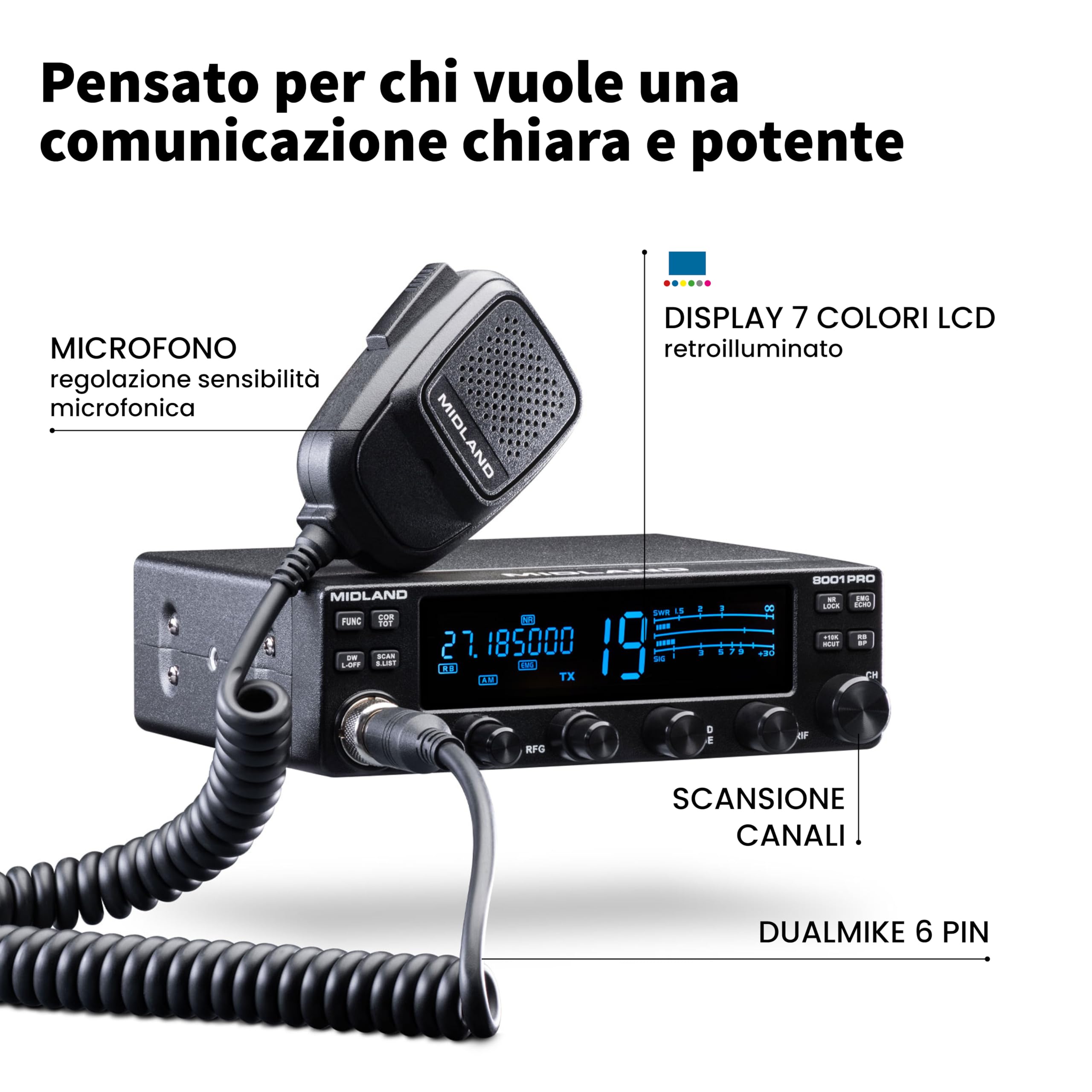 Midland - Kit Vivavoce Bluetooth Dual Mike per Radio CB 4 Pin, Microfono Preamplificato con DSP, PTT Wireless, BLE - Hands Free, Compatibile con Midland 8001 XT e STABO XM 4082/3044/3003, App CB Talk