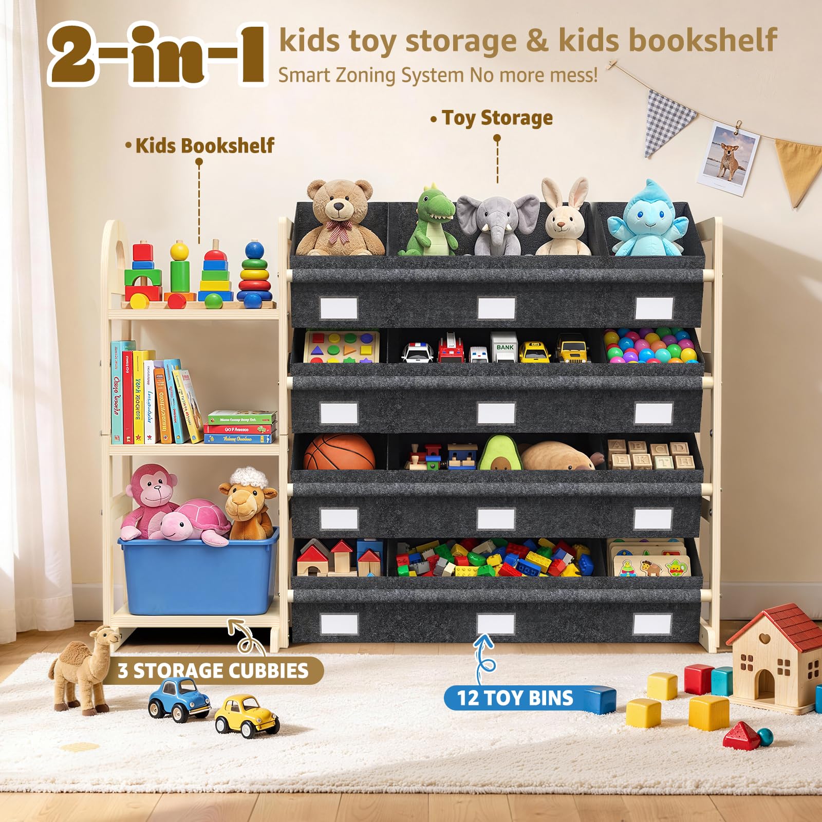 Spielzeug-Organizer mit 6 Ablagen und 12 Behältern, Bücherregal/Bücherregal, Kinder-Mülleimerregal, Spielzeugkiste für Spielzimmer, Organisation für Schlafzimmer und Zimmer