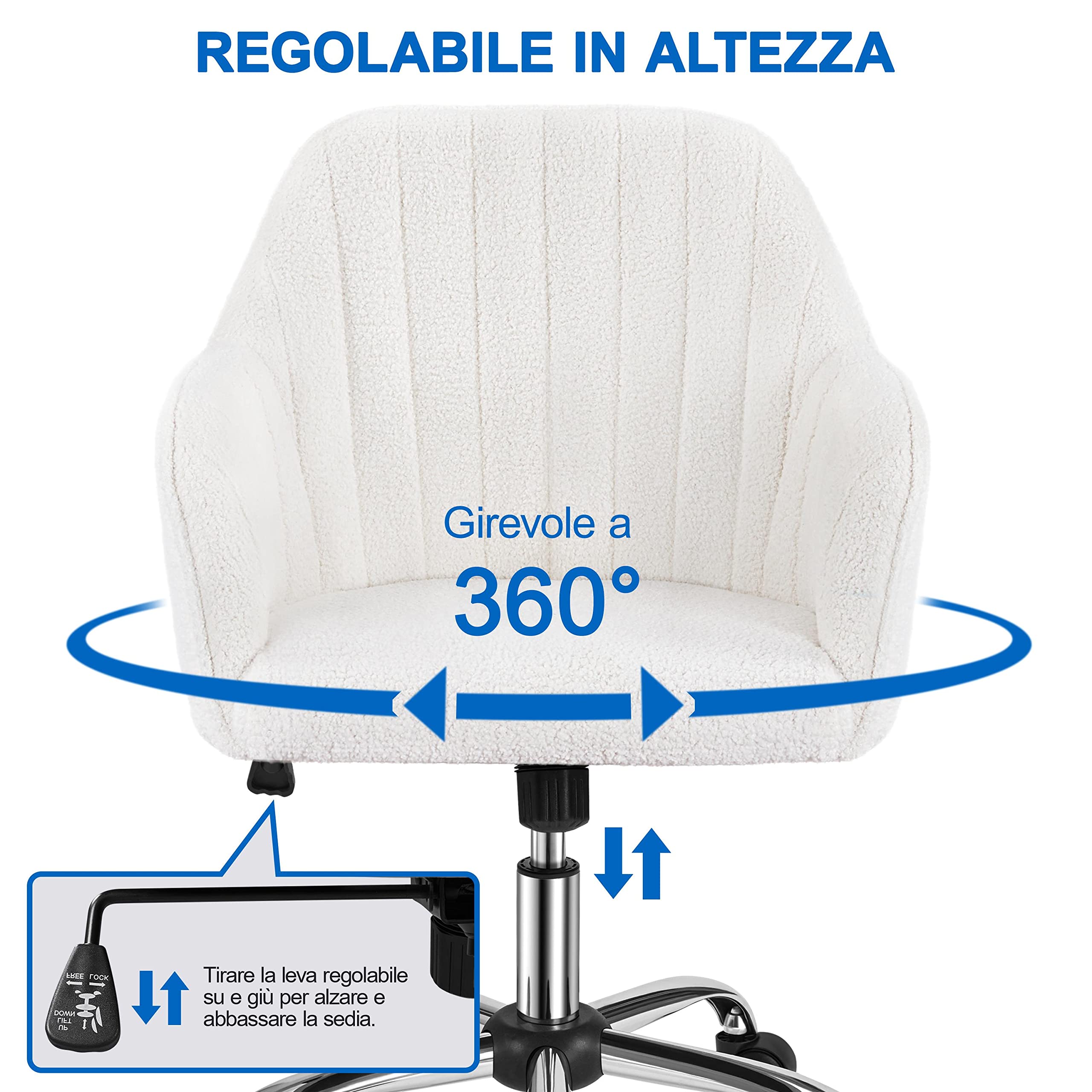 Yaheetech Sedia Scrivania Ergonomica Poltroncina Ufficio in Bouclé | Altezza Regolabile, con Braccioli, Girevole a 360°, Reclinabile 20°, Portata 136 kg, Avorio
