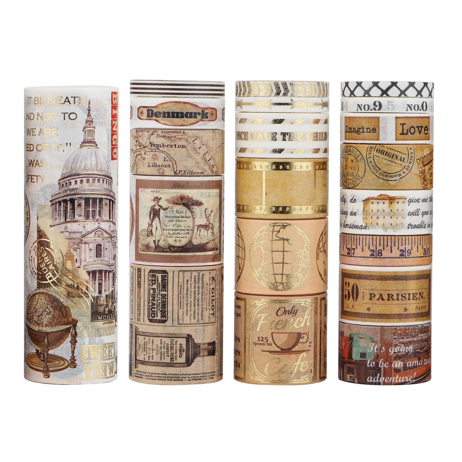 Lveofielygi Travel Tips Washi Tape 20 Rolls Set,5/10/15/20/25/30/40/100mm Wide,Transportation,Maps,Ticket Pattern,Gold Foil Masking Tape Décor for Scrapbook,Bullet Journal,Gift Wrapping(2m)