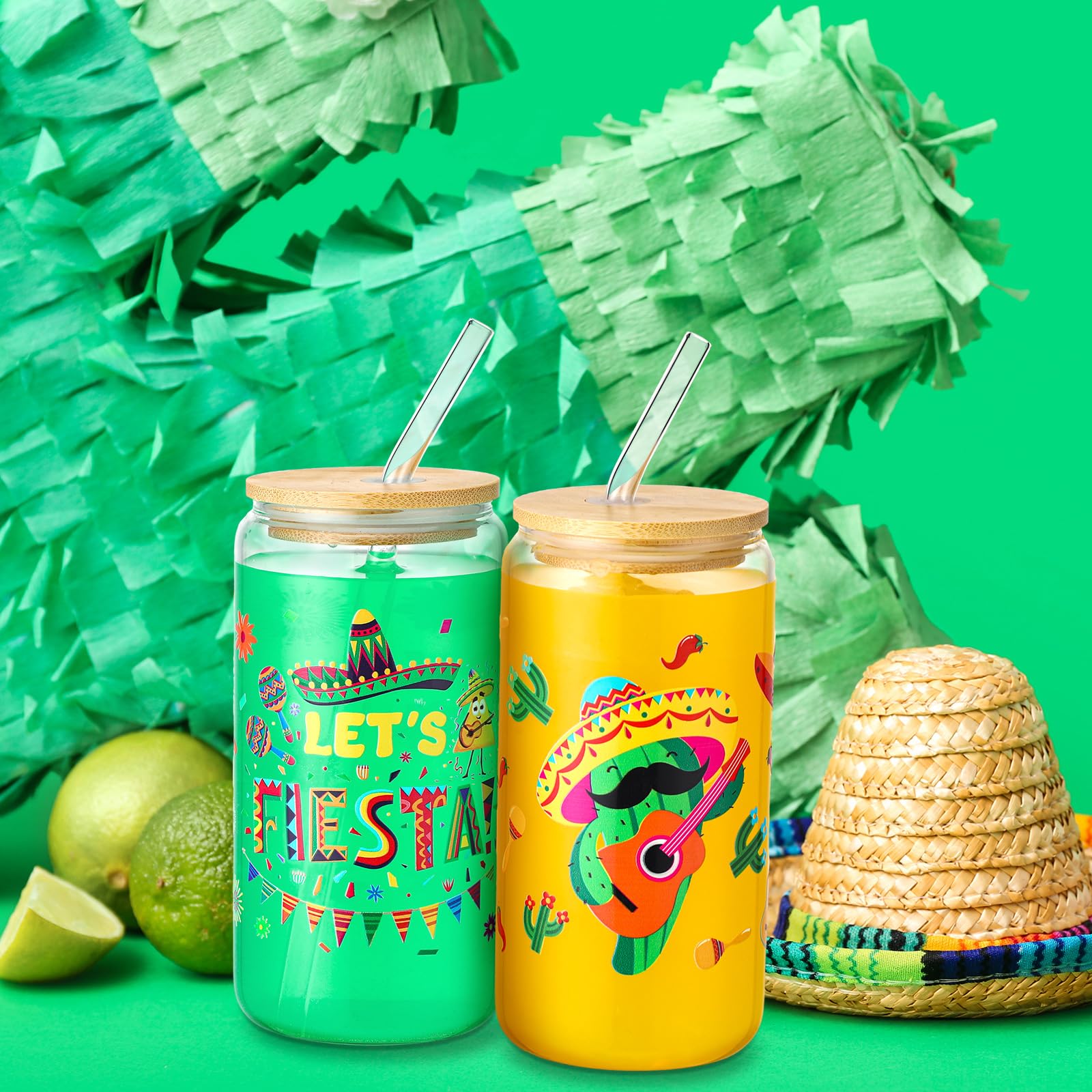 Layhit 6 vasos de cristal mexicanos de 16 onzas con tapa de bambú y pajita, vaso de café para fiesta del Cinco de Mayo, decoración de fiesta, vaso mexicano para taco, suministros de fiesta de