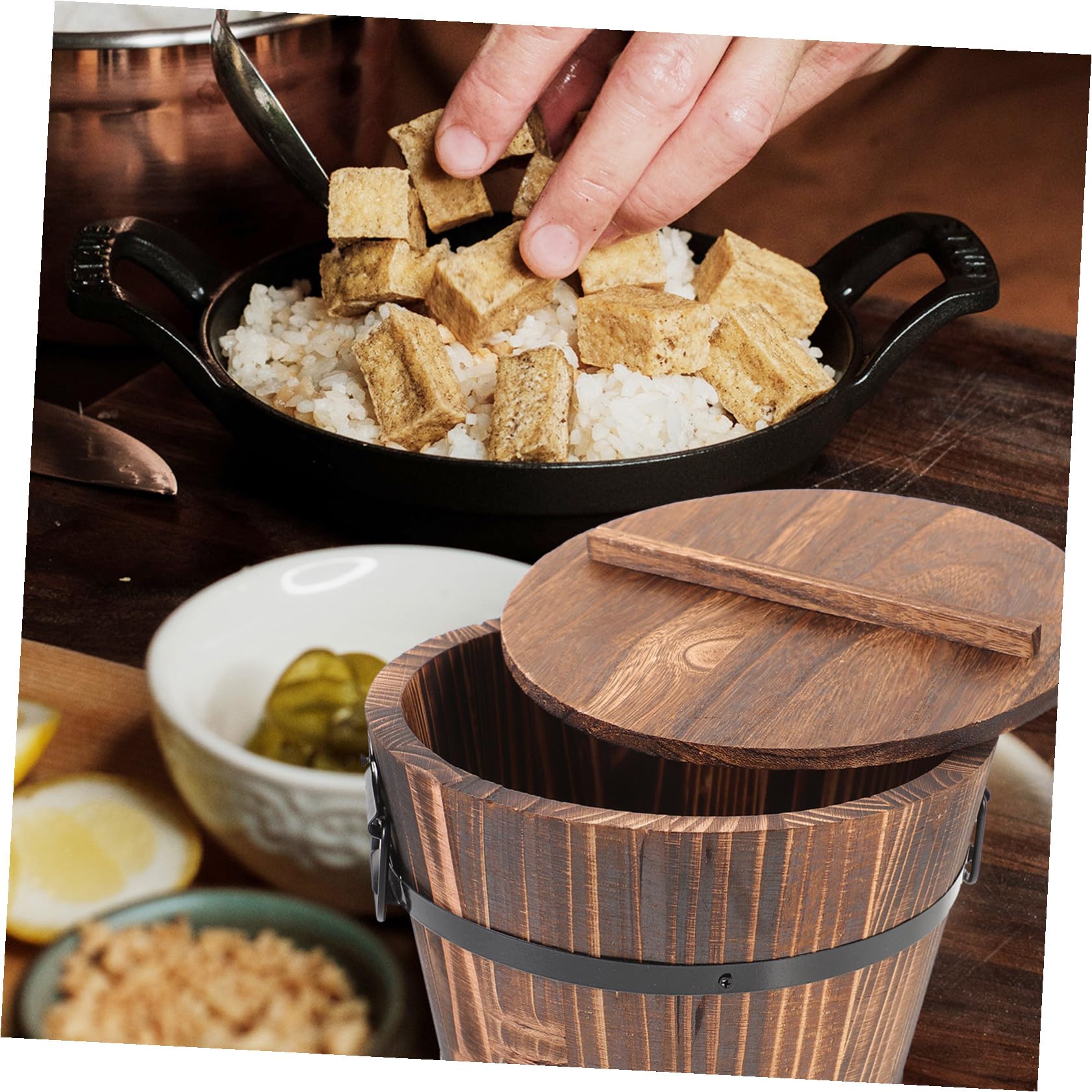 Contenitore per Alimenti in Legno Naturale con Coperchio Secchio da Cucina per Sushi e Riso Materiale Ecologico Manici Antiscottatura per Servire e Conservare