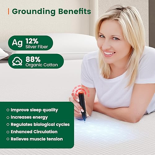 Miniatura 3 de LARMACE Grounding Sheets - Sábanas tamaño Queen, 88 % algodón orgánico + 12 % fibra plateada pura, sábana bajera ajustable con cordón de conexión a