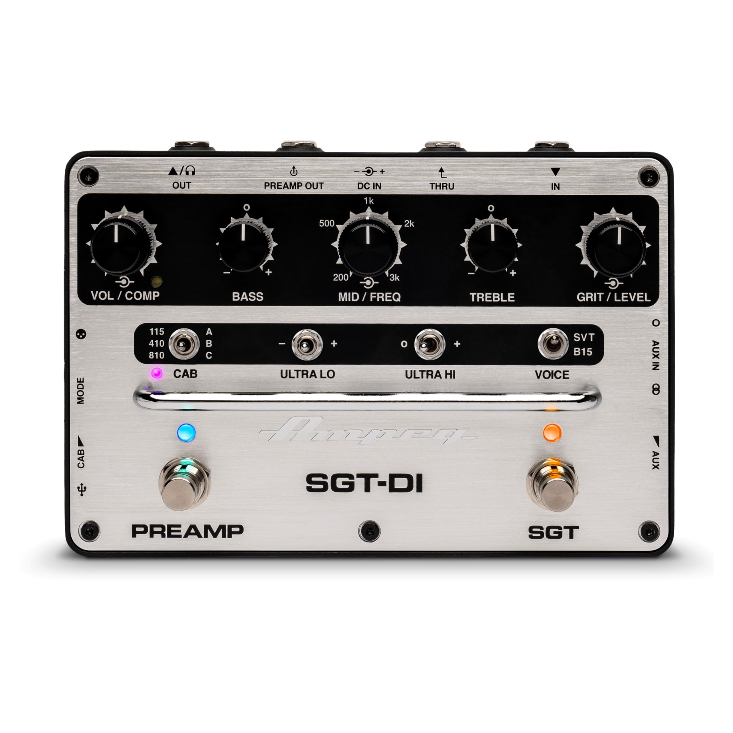 Ampeg SGT-DI Bass Preamp SVT/B15 Footswitch IR Loader 3-Band EQ Variable Mids Compressor Ultra-Hi/Ultra-Lo Black Silver