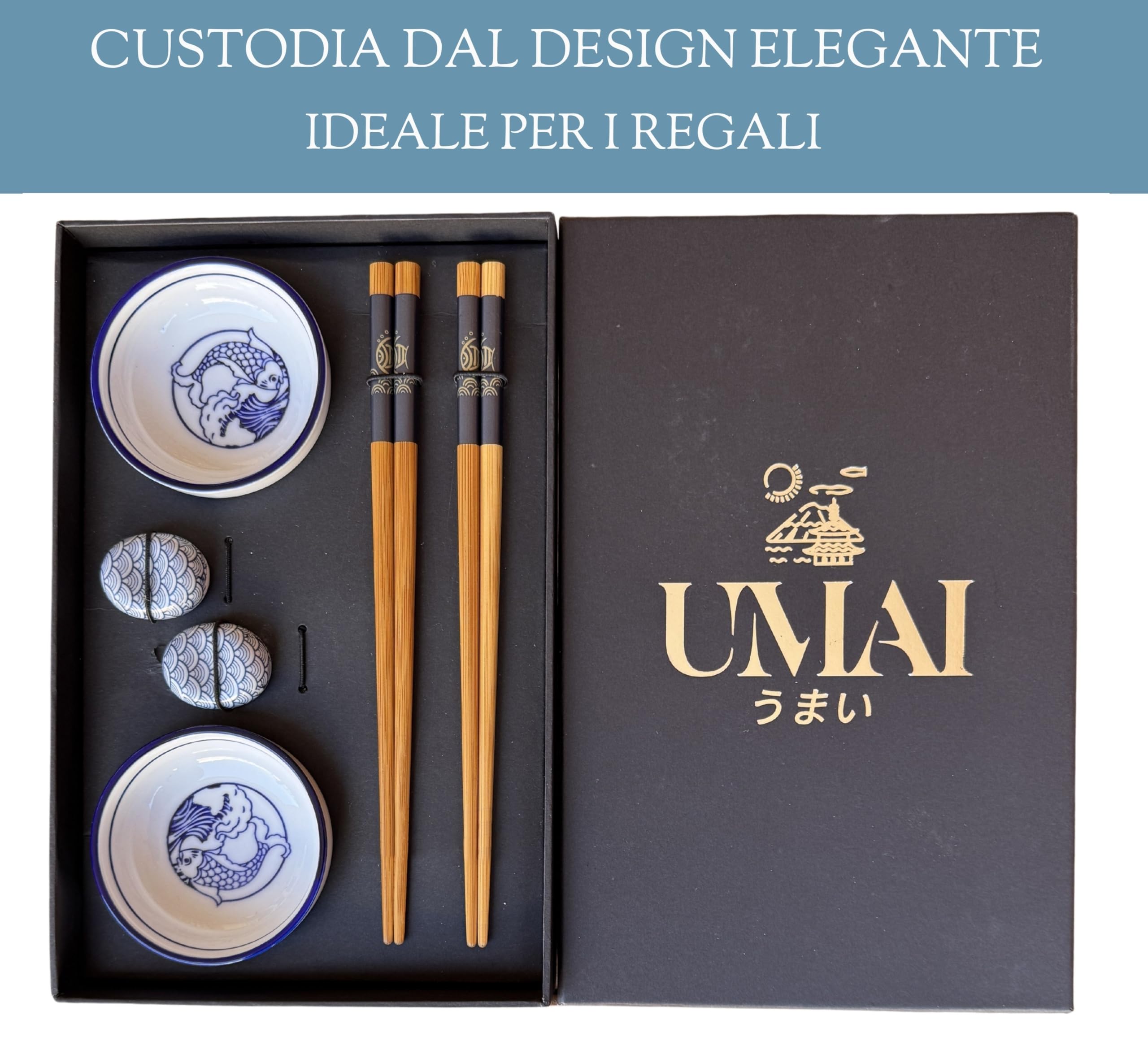 UMAI Il set per sushi include 2 paia di bacchette giapponesi riutilizzabili + 2 ciotole di soia + 2 supporti in ceramica, perfette per cibo cinese e sushi, elegante custodia, ideale come regalo