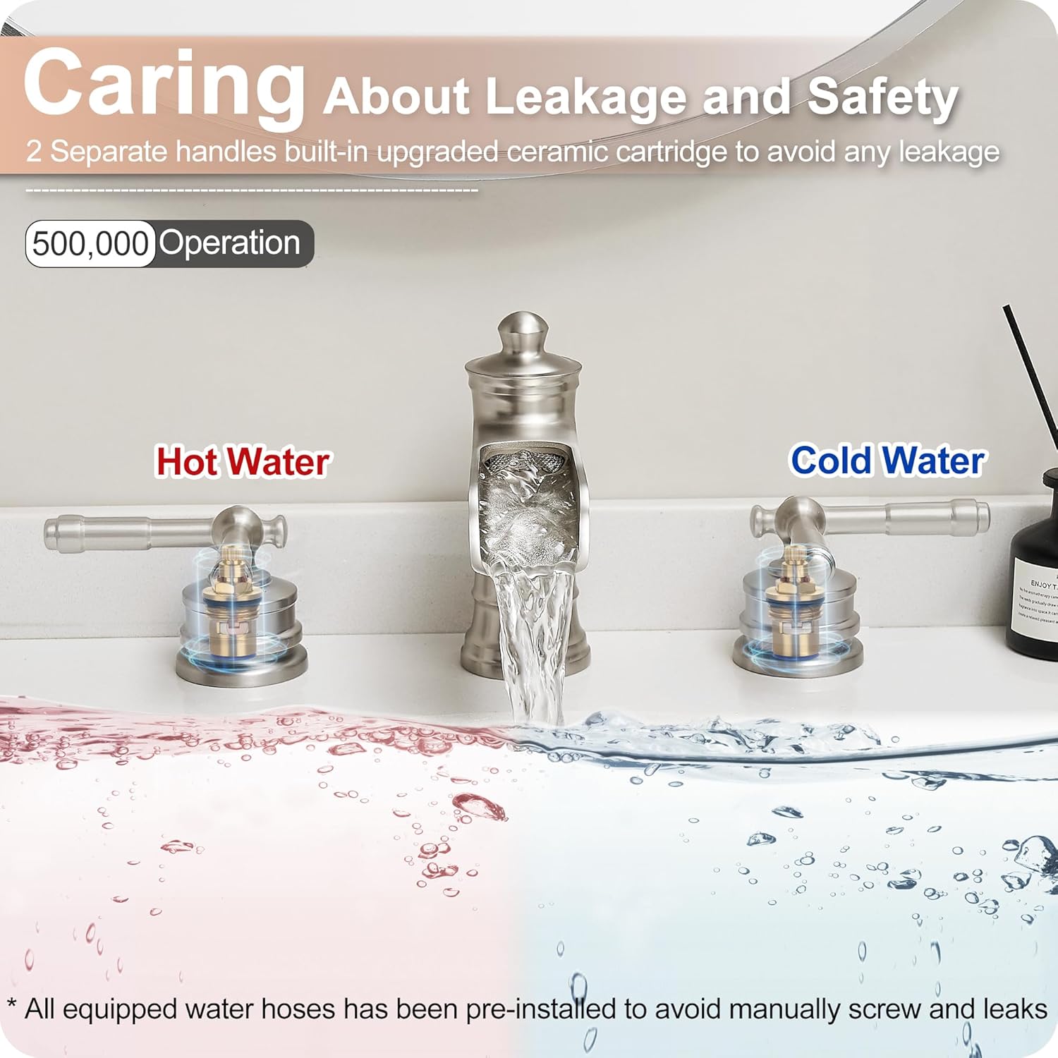 Brass 3 Hole Bathroom Sink Faucet Widespread 4-16 Inch Faucet for Bathroom Sink, Waterfall 3 Hole Roman Tub Faucet, Brass Brushed Nickel Bathtub Faucet Set High Flow 6-16 Inch