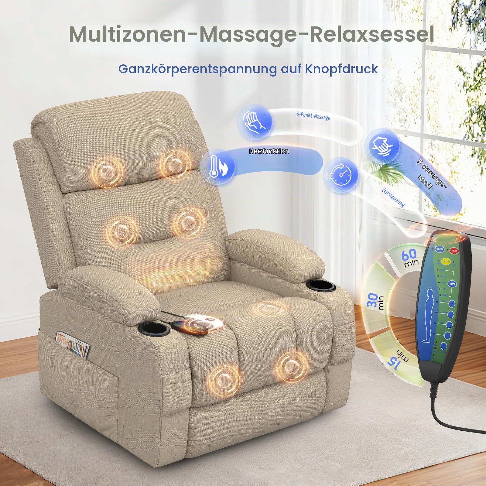 Relaxsessel Fernsehsessel, Massagesessel mit Heizung Elektrischer TV Sessel Liegesessel mit Liegefunktion für Wohnzimmer USB- und Typ-C-Anschlüsse 2 Getränkehalter und 4 Seitentaschen