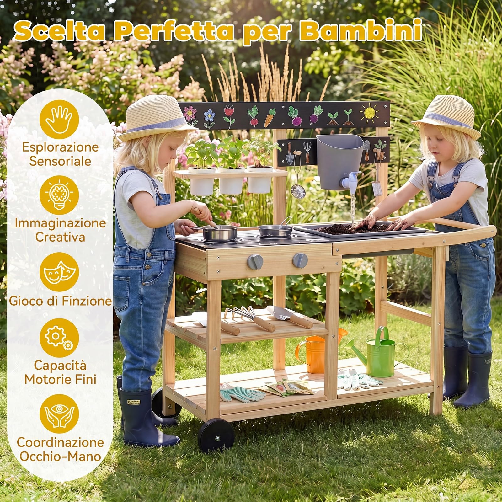 COSTWAY Cucina Giocattolo per Giardino, Cucina da Esterno per Bambini | con Pentola, Padella, Utensili da Cucina, Vasi da Fiori, Lavandino, Serbatoio e Lavagna, per Bambini 3+ Anni, 91 x 37 x 91 cm