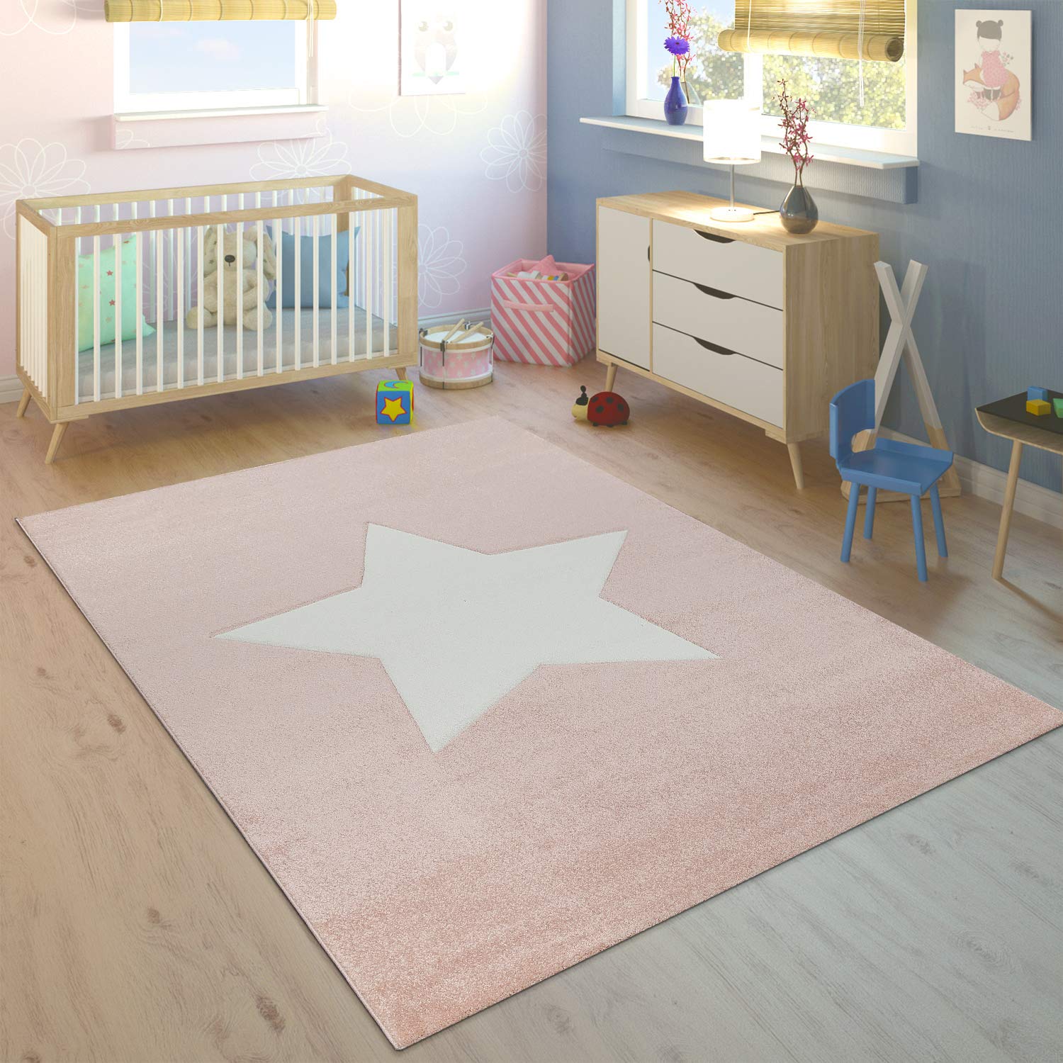 Paco Home Alfombra Habitación Infantil Niña Moderna Gran Estrella En Rosa Pastel Y Blanco, tamaño:80x150 cm OEKO-TEX STANDARD 100