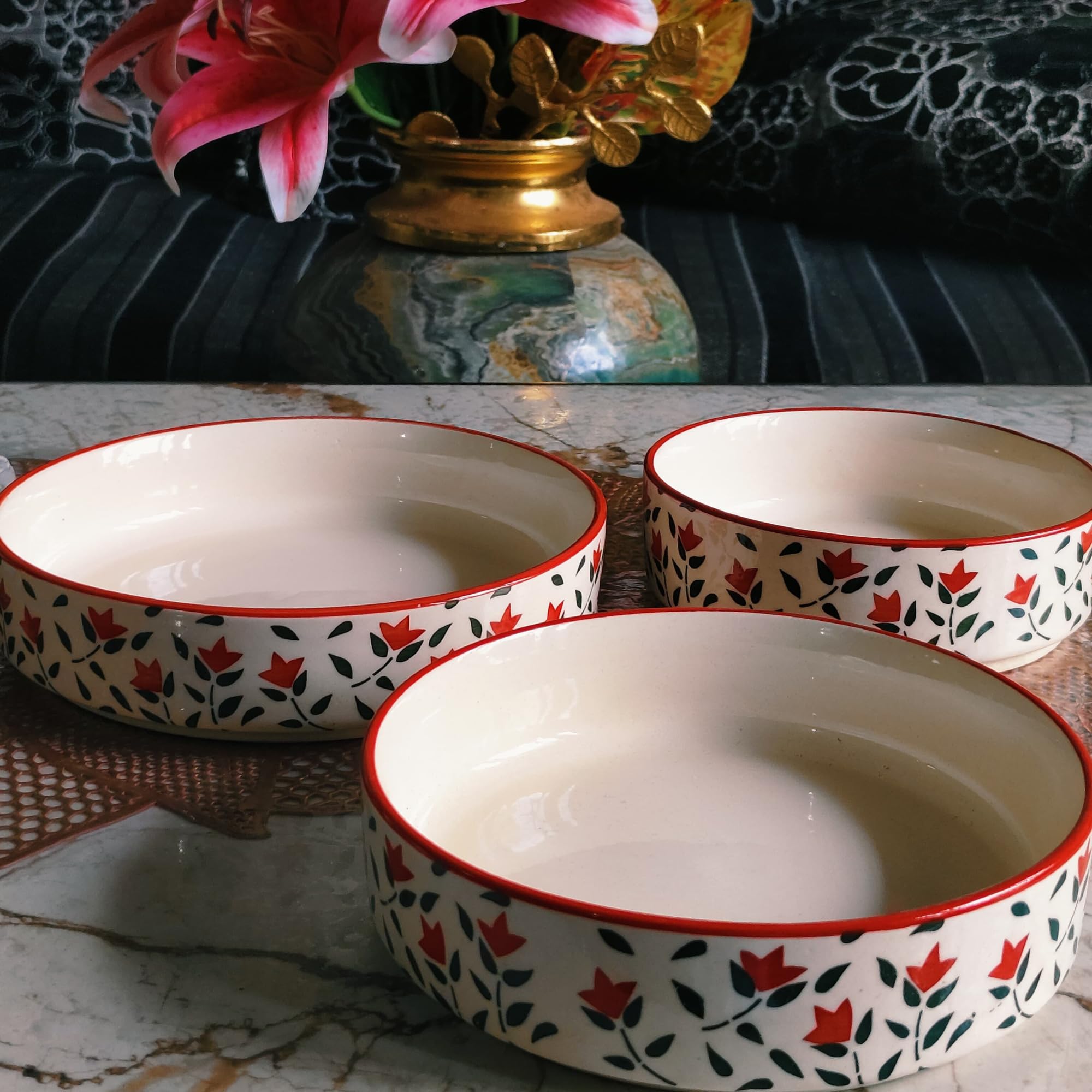 Niyara Stoneware Handmade Ceramic Stylish Premium Serving Bowls, Salad Tray Microwave Dishwasher Safe, Elegant Ceramic Flat Serving Bowl Set of 3, Sizes: 600ml, 500ml, 450ml (Red Floral Design) 2