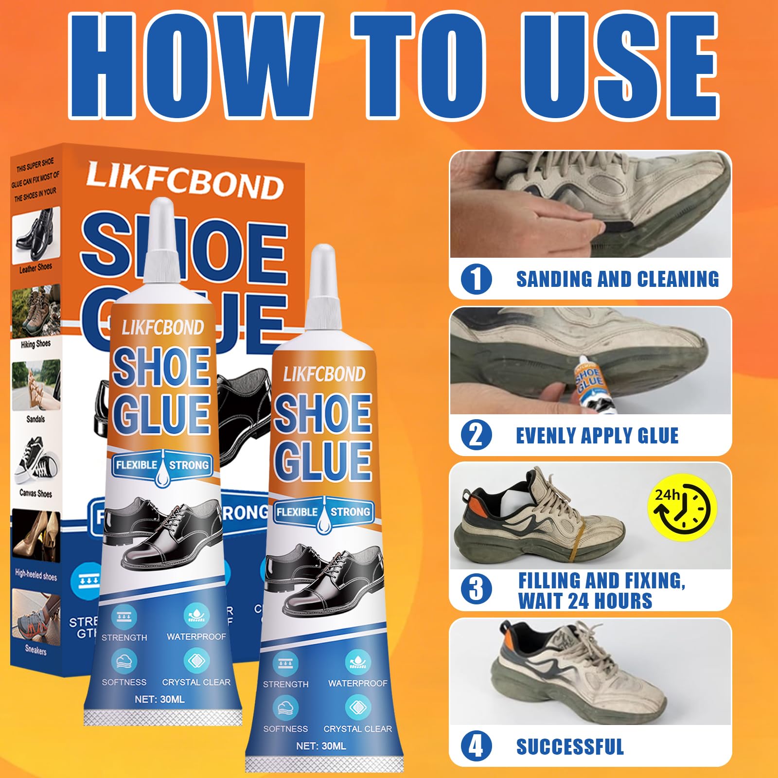 Colla per Scarpe Extra Forte, 2 Pezzi 30ML Adesivo per Scarpe Impermeabile, Trasparente Adesivo per Riparazione Suola Colla Scarpa Adatto per Scarpe Usurate Stivali, Ginnastica, Pelle