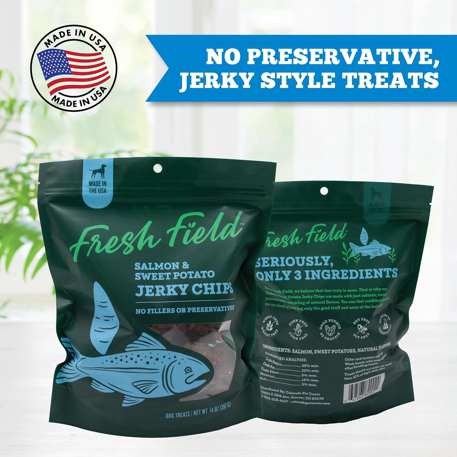Fresh Field Salmon & Sweet Potato Jerky Chips, 14 oz – All-Natural Dog Treats, USA Made, Omega-3 Rich, Supports Health (Pack of 2)