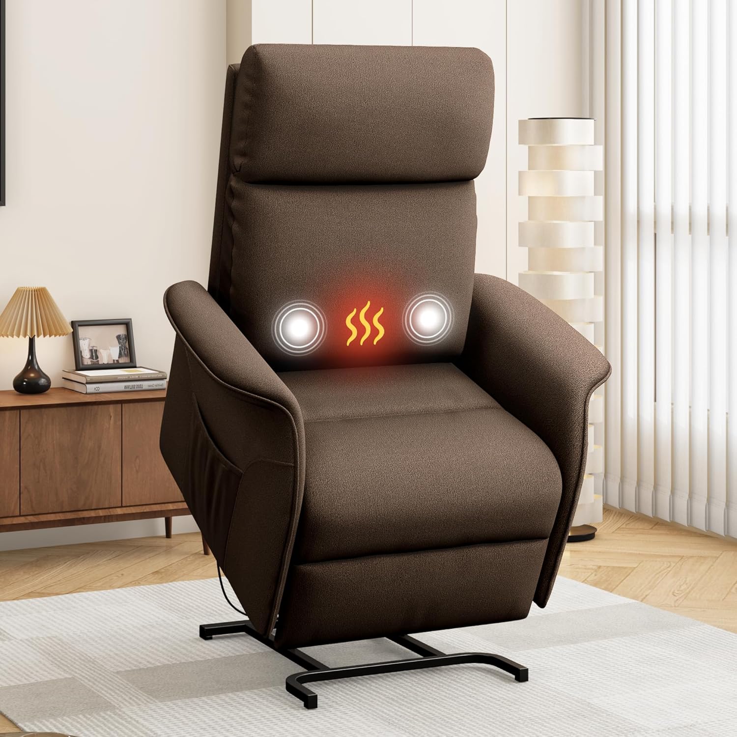 Large Power Lift Recliner Chair with Massage and Heat for Elderly, Electric Recliner Chairs for Adults with Large Seat, Side Pocket, Remote Control, Infinite Position, Fabric, Brown