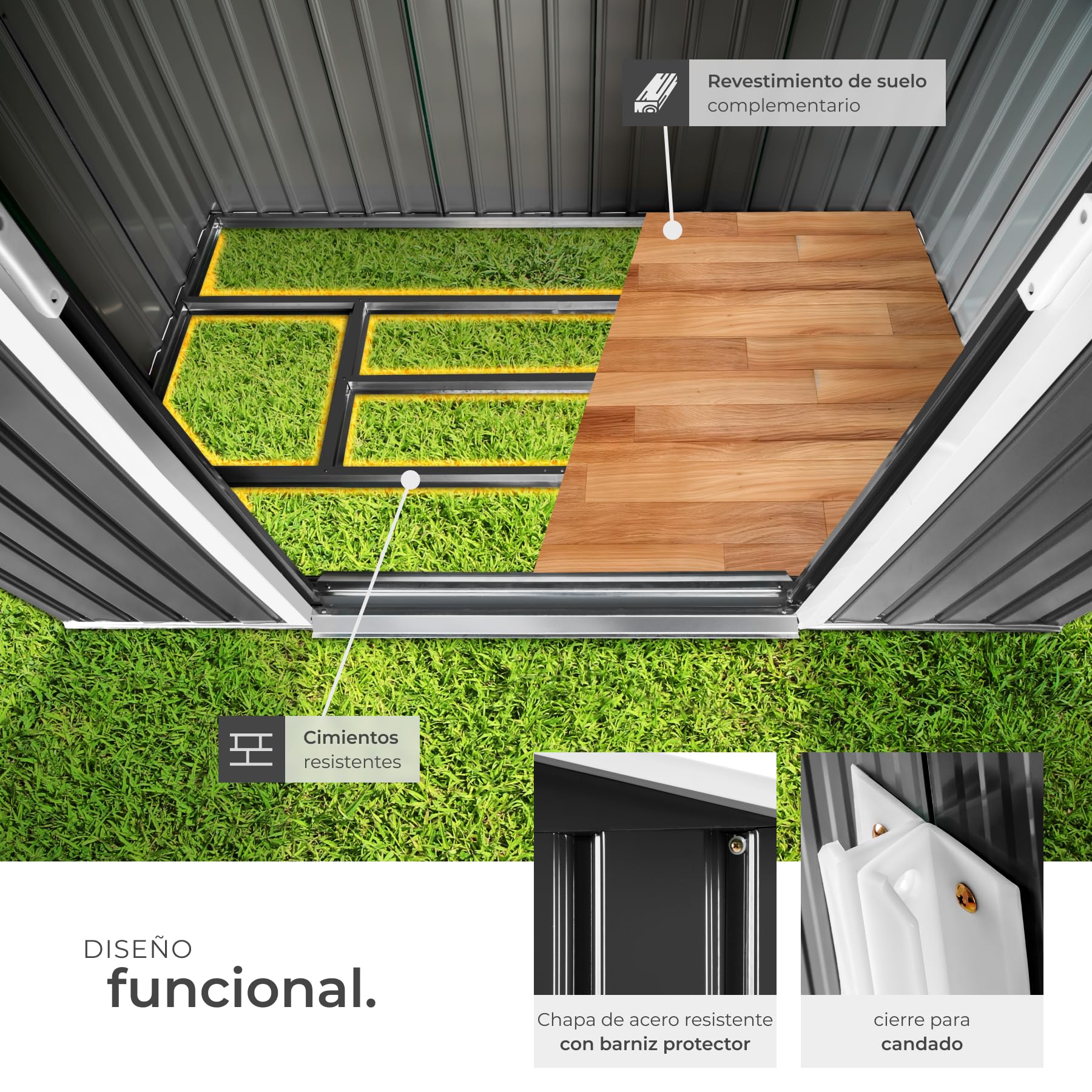 tectake® Cobertizo Jardín Metálico, Caseta Jardin Exterior, Almacenaje Herramientas Jardín, Bicicletas, Armario Jardin Exterior Metálico, Puerta Corredera, Volumen de 4,2 m³ - Gris/Blanco