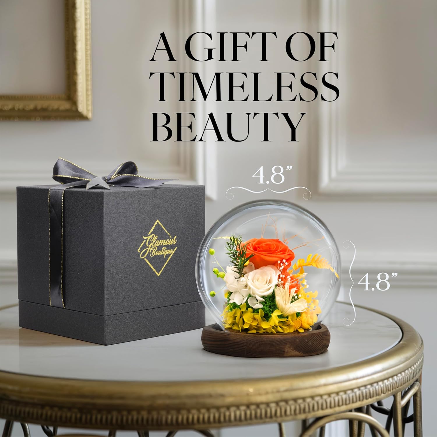 GLAMOUR BOUTIQUE Mini Christmas Tree Preserved Flower in Glass Dome w/Light - Flowers Forever Christmas Table Decor, Long Lasting Eternal Flowers Box & Bow, Unique Gift, Orange (Color-Treated)