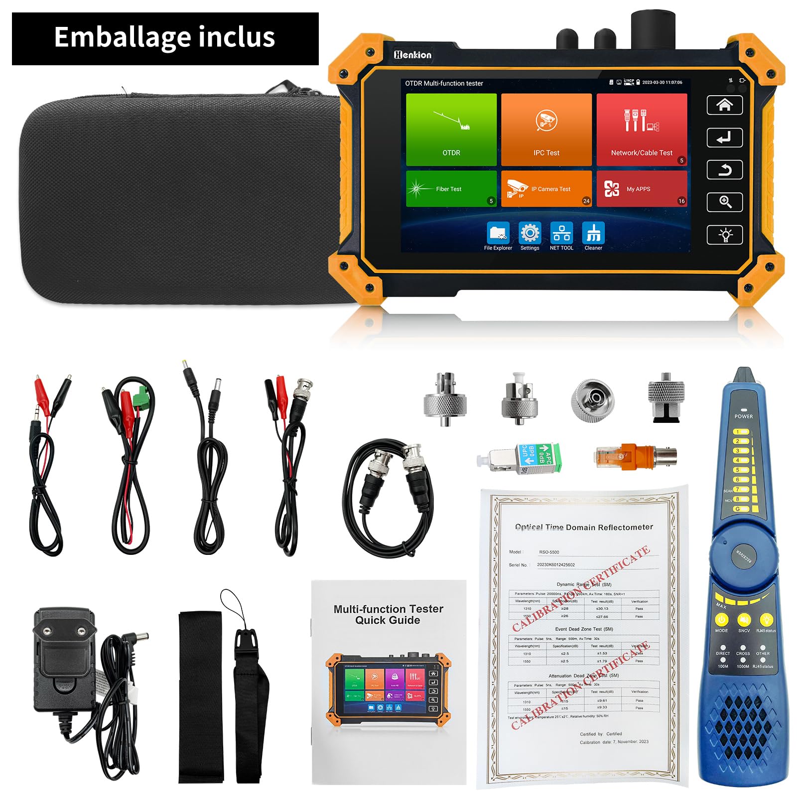 Henkion Testeur de Fibre Optique OTDR RSO-5500 1310/1550 nm 28/26dB, Écran Tactile IPS 5,4 Pouces, VFL/OPM/LS/OLS, Testeur de Caméra IP, FC UPC SC ST LC, Cartographie des Événements, Test de Câbles