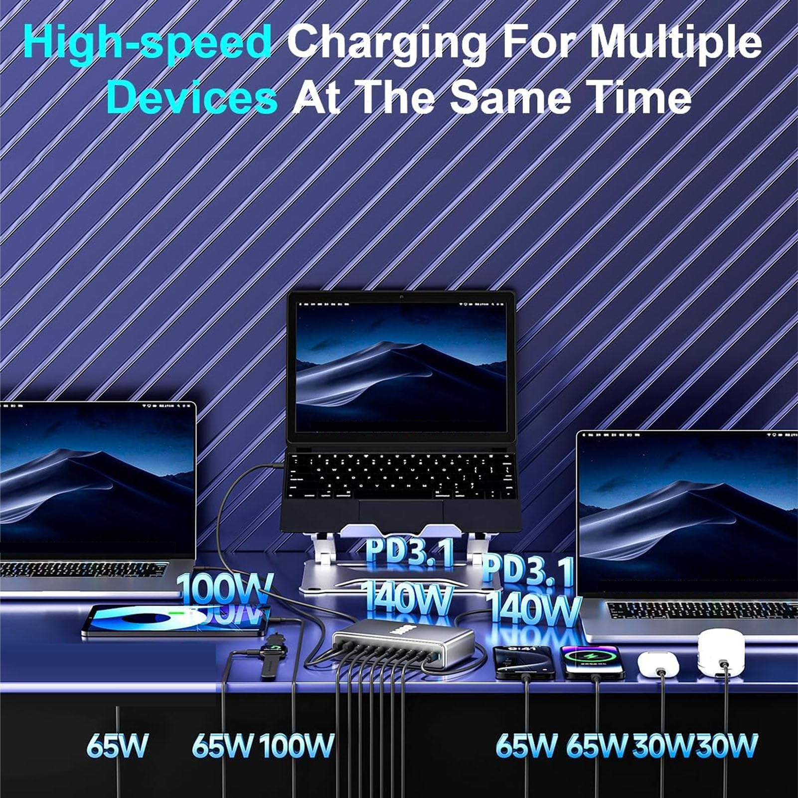 Sxhlseller Stazione di Ricarica USB C da 800 W, 8 Porte 2x140 W 2x100 4x65 2xQC30, Hub Caricabatterie Rapido PD3.1 per Tablet Telefono Portatile, Caricatore da Tavolo Compatto (Spina europea)