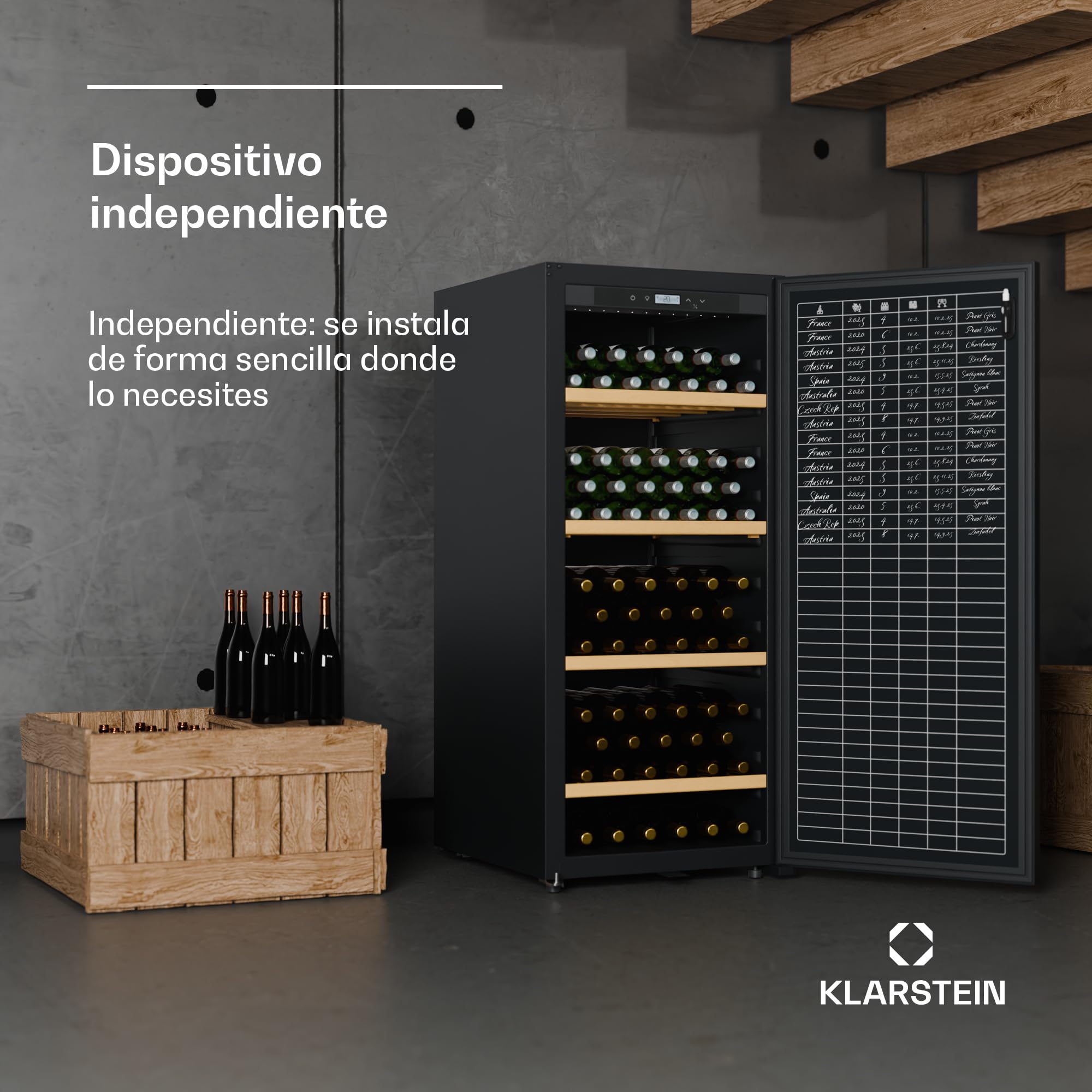 KLARSTEIN CellarMax Vinoteca Grande - 155 Botellas, 5-20°C, Control Táctil, Puerta Metálica, Cerradura, Alarma, Independiente, Nevera Para Vinos