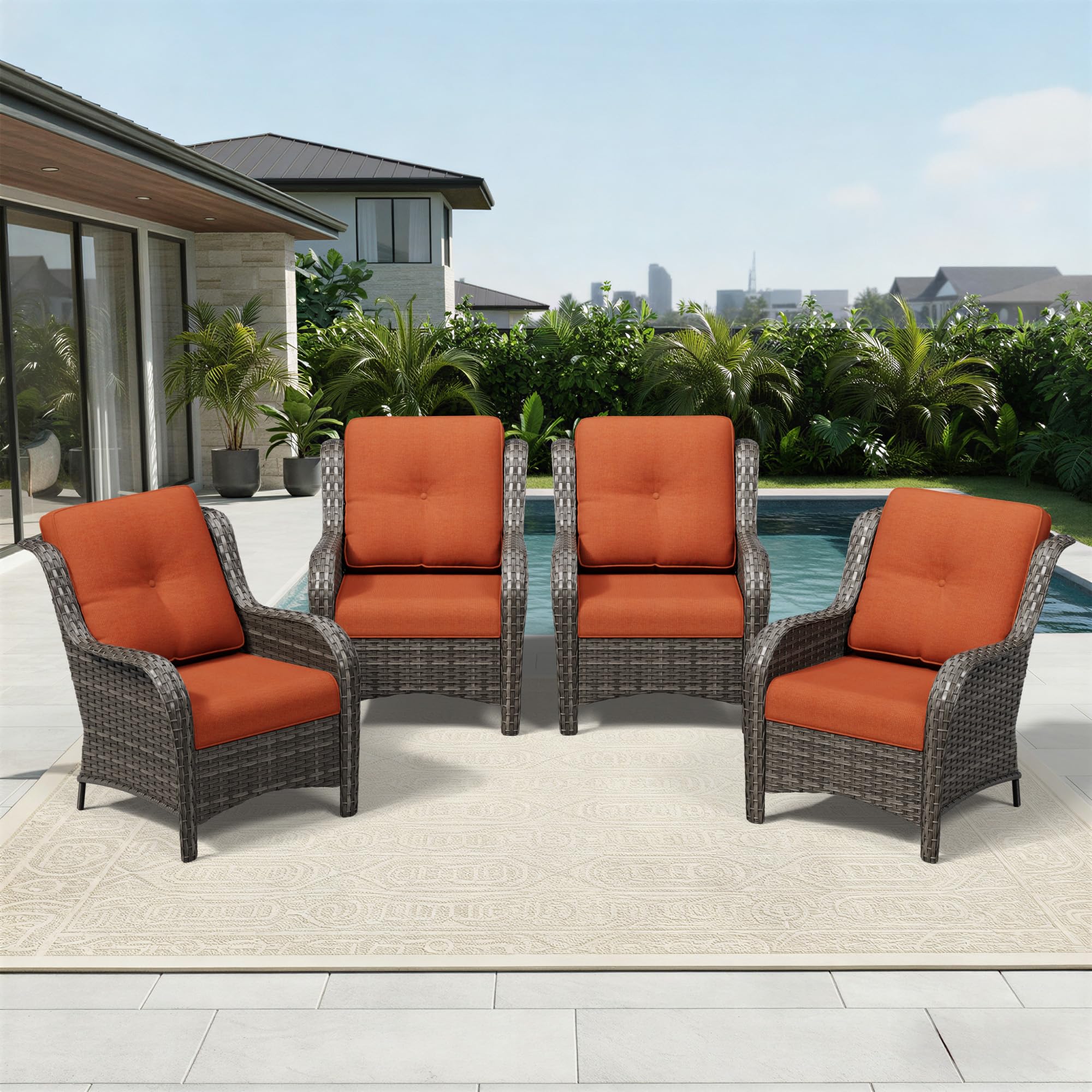 Joyside 4 Piece Wicker Patio Furniture Set, Rattan Patio Chairs with High Back, Deep Seating, Wide Armrest, Thickened Cushions, Outdoor Furniture for Deck, Porch Use