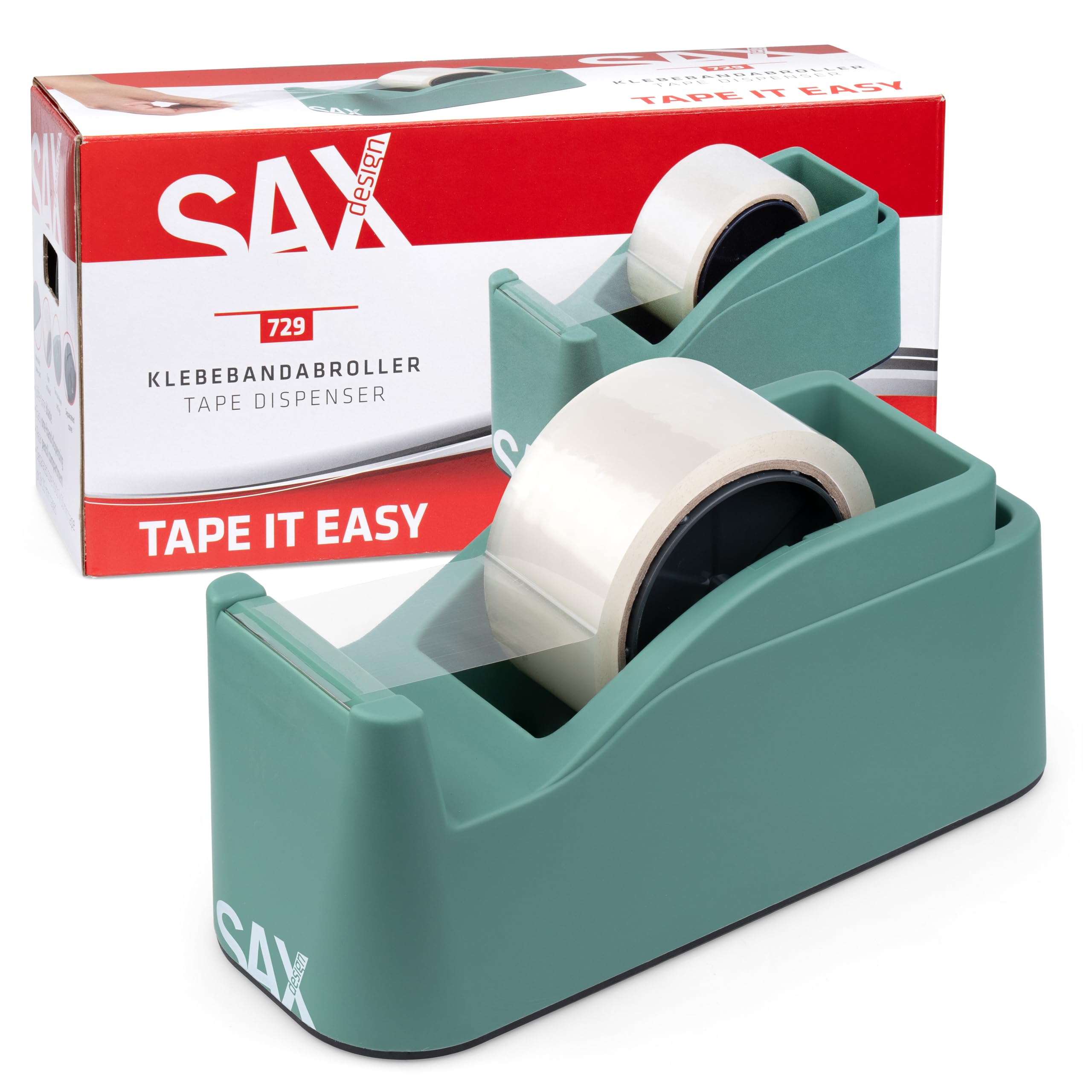 SAX Tape it Easy XXL jednoręczny dozownik taśmy klejącej, bardzo ciężki | do 1 taśmy 50 mm lub 2 x 25 mm, dozownik taśmy z uchwytem na długopisy, antypoślizgowy, w zestawie dwustronne ostrze,