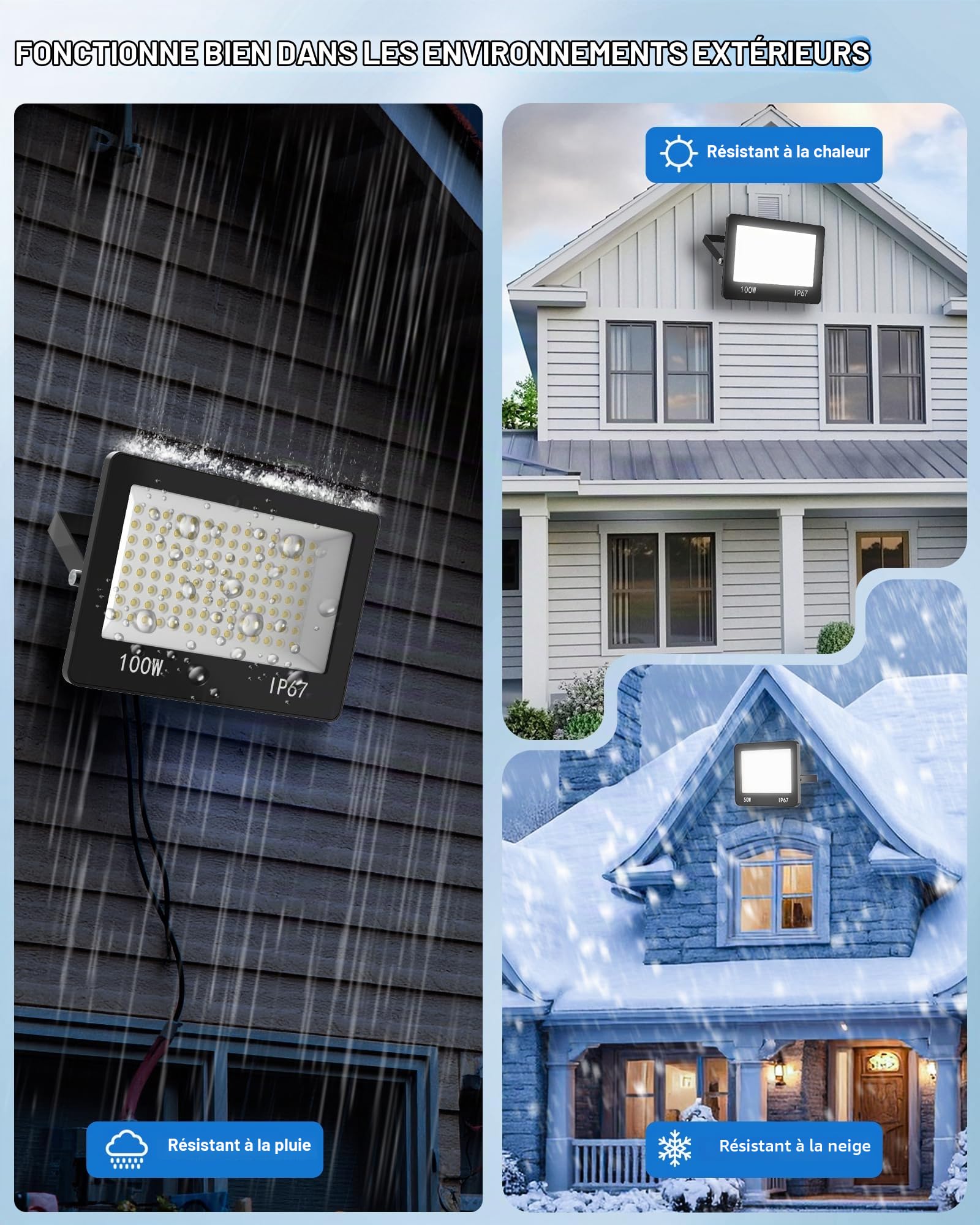 Projecteur LED Exterieur 100W, 10000LM Spot LED Extérieur Puissant 6500K Blanc Froid, IP67 Imperméable Eclairage Sécurité pour Jardin, Patio, Garage,Terrasse, Entrepôt