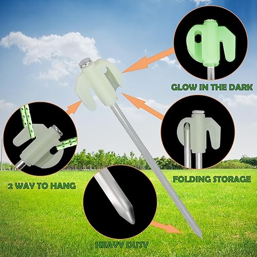 Miniatura 3 de Estacas de tienda que brillan en la oscuridad, 17 accesorios de campamento, incluye estacas de tienda de campaña resistentes de 7.7 pulgadas, bolsa