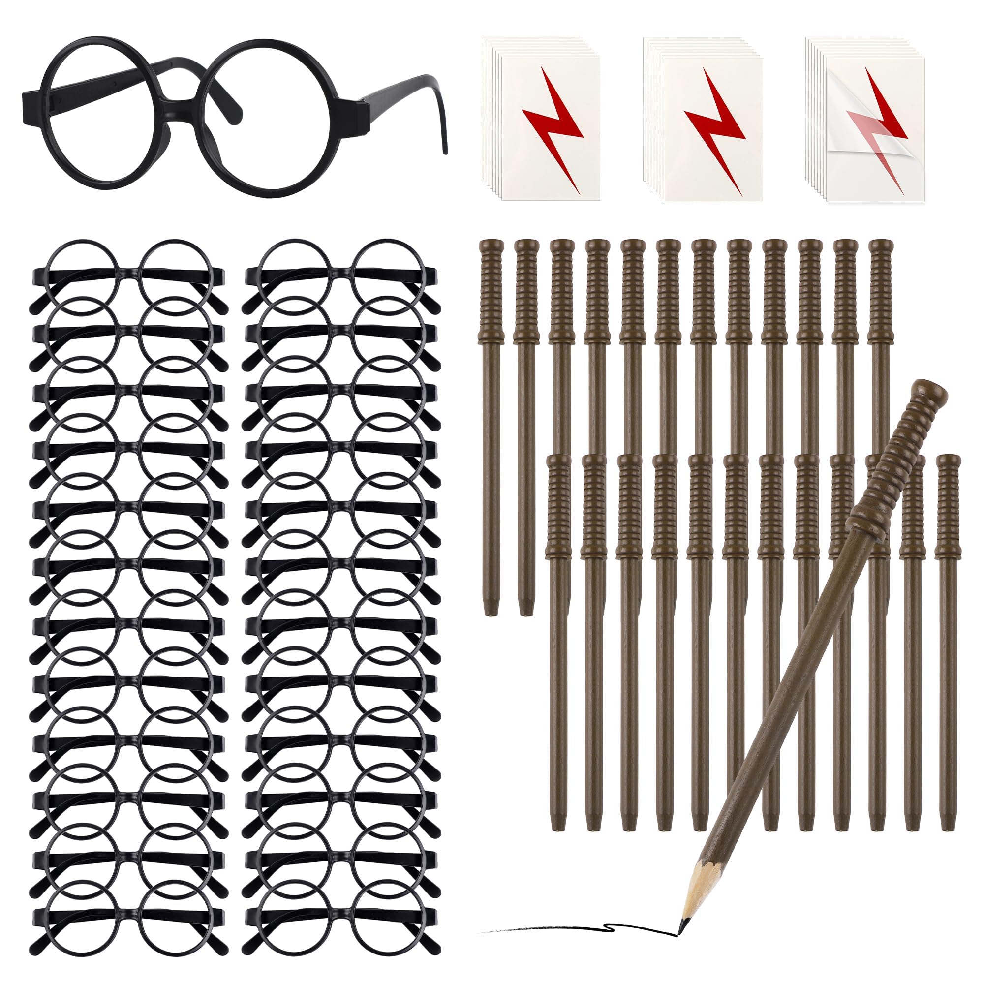 - 72 Pieces Wand Pencils Party Favors Set with Round Frame Glasses No Lenses, Lightning Bolt Tattoos for Birthday School Cosplay Halloween Party Decor Gifts