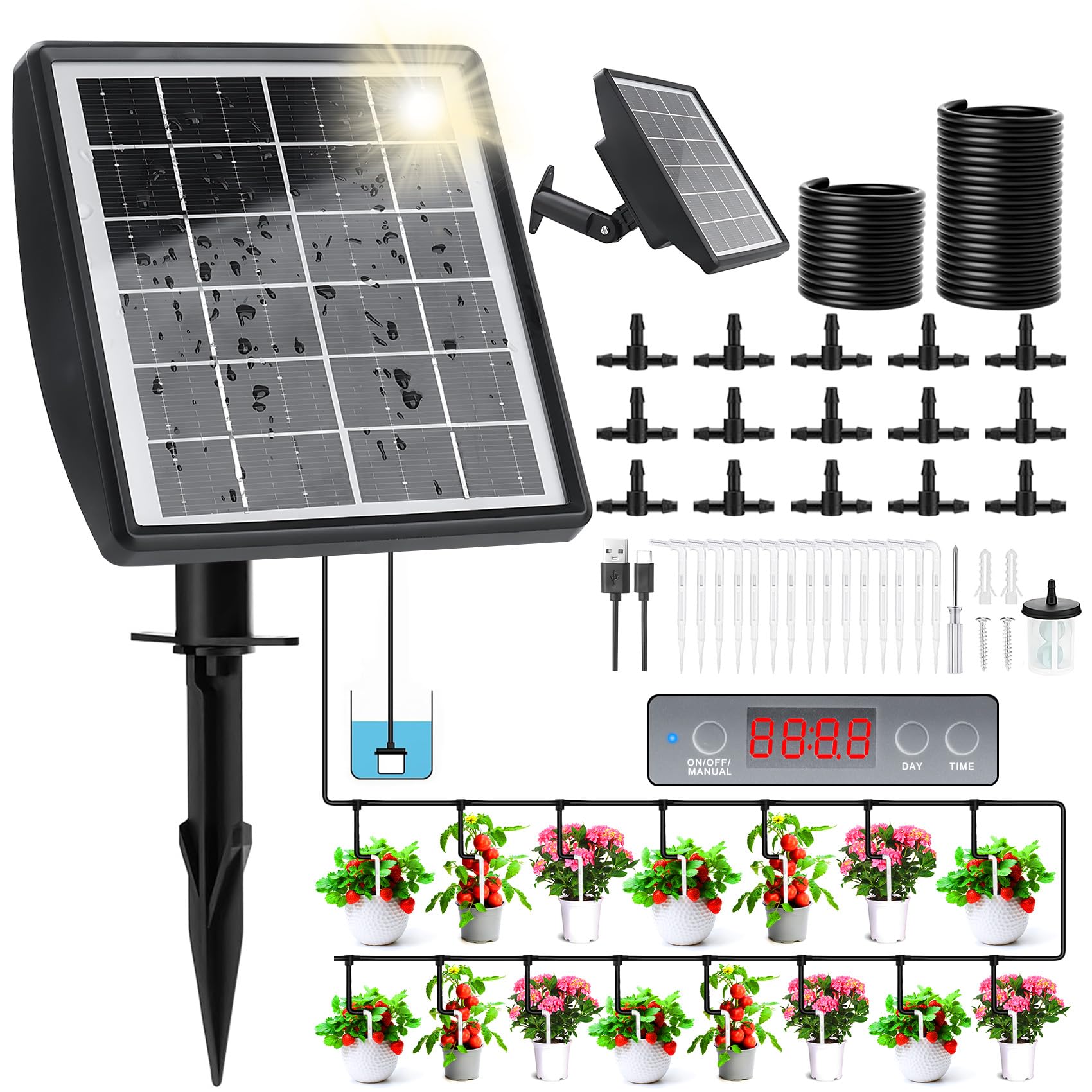 Arrosage Goutte à Goutte Solaire 2025, Programmateur Arrosage Solaire avec 15m Tuyau D'arrosage, Systeme Kit Arrosage Automatique Solaire Intérieur Extérieur pour Jardin Balcon Potager Plante Vacances