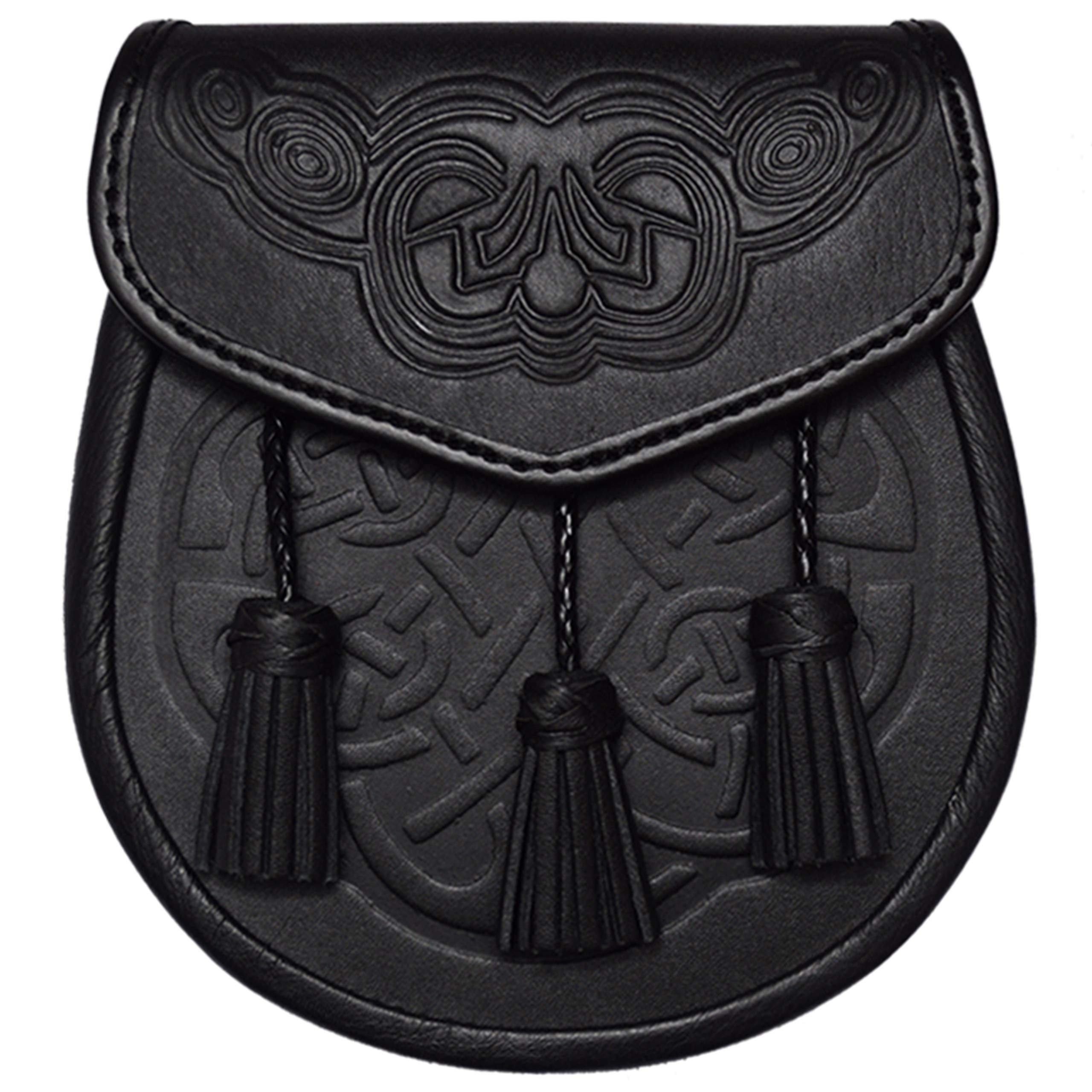 Celtic Knot Day Sporran with Chain Belt with Three Front Tassels, Black Sporran with Belt for Kilt