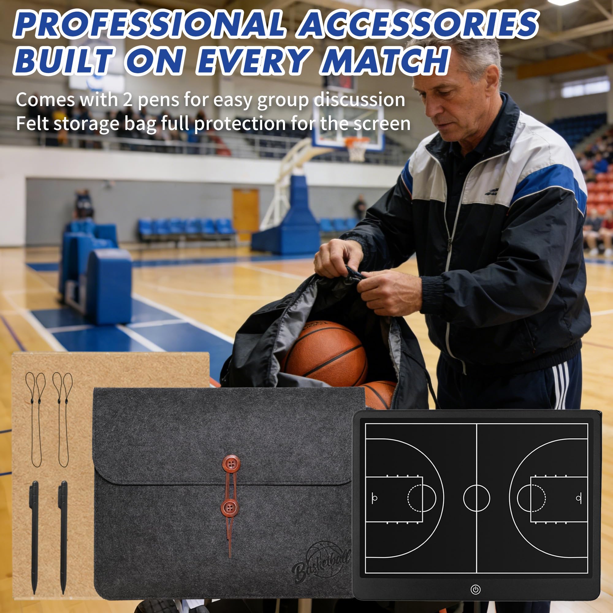 Tavola elettronica per allenatori di pallacanestro – Tavola tattica da basket LCD da 40,6 cm con 2 pennini, accessori essenziali per allenatori di basket, 2 cordini elastici, borsa per il trasporto